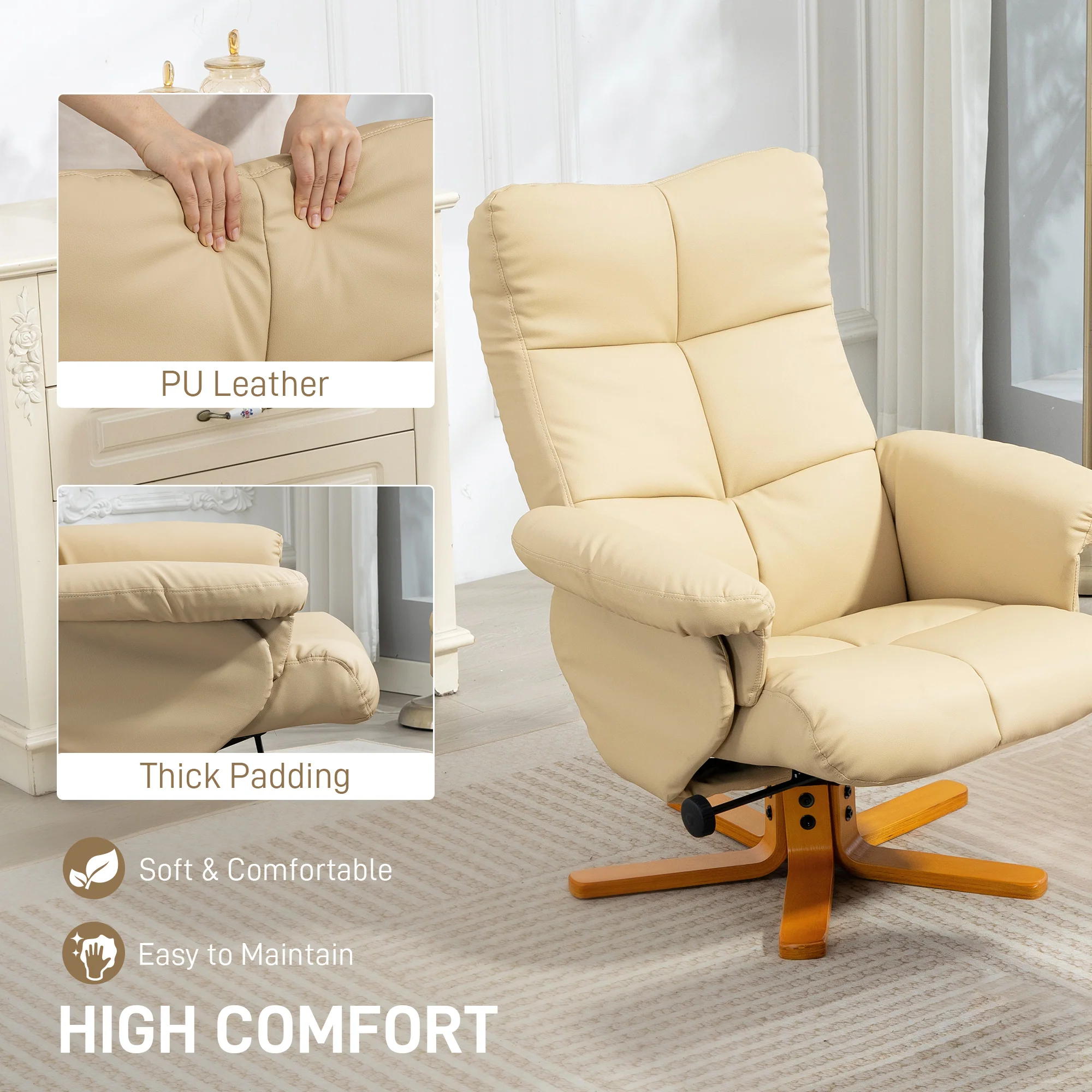 HOMCOM Recliner Chair And Footstool PU Leather Wooden Base, Beige - Image 6