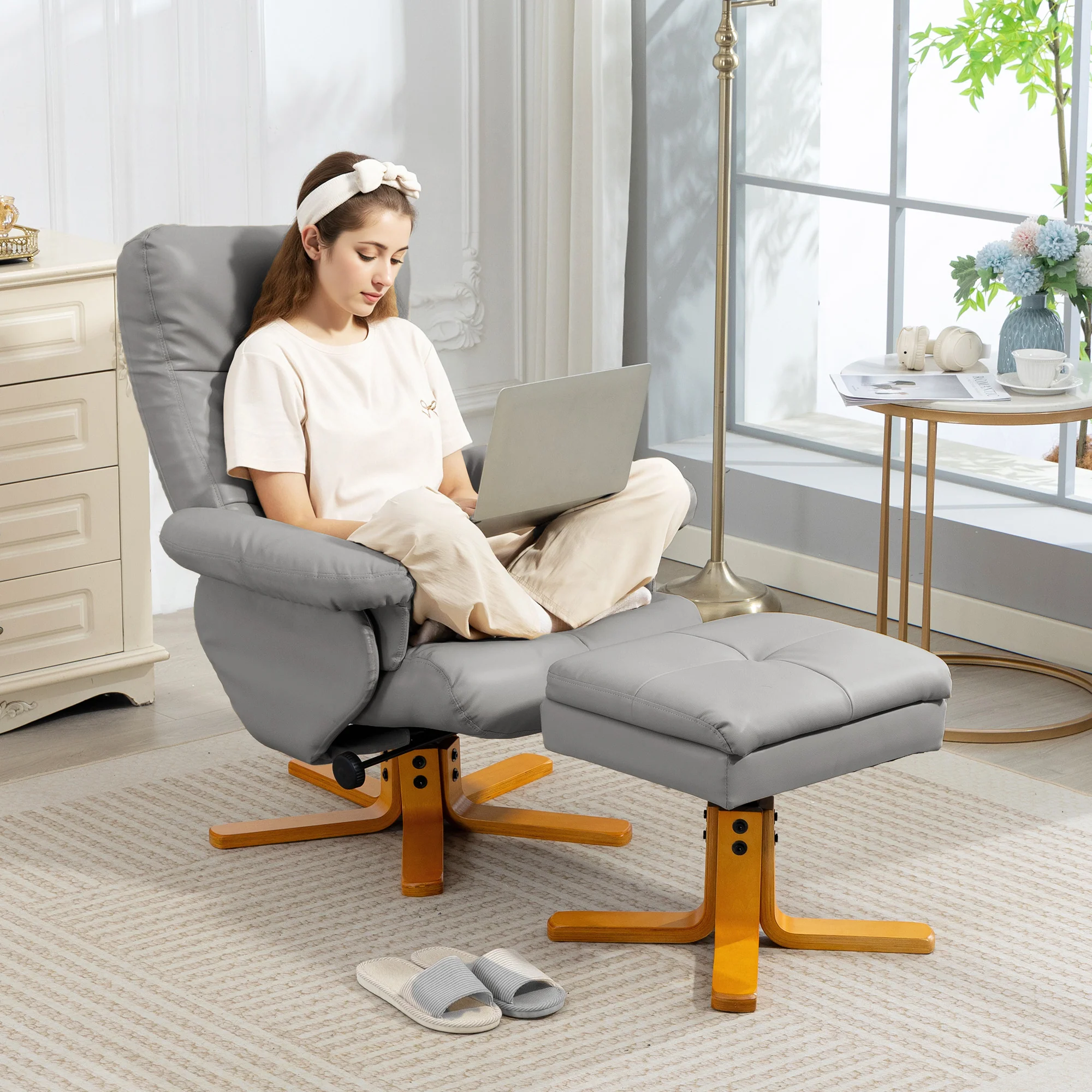 HOMCOM Recliner Chair And Footstool PU Leather Wooden Base, Light Grey - Image 9