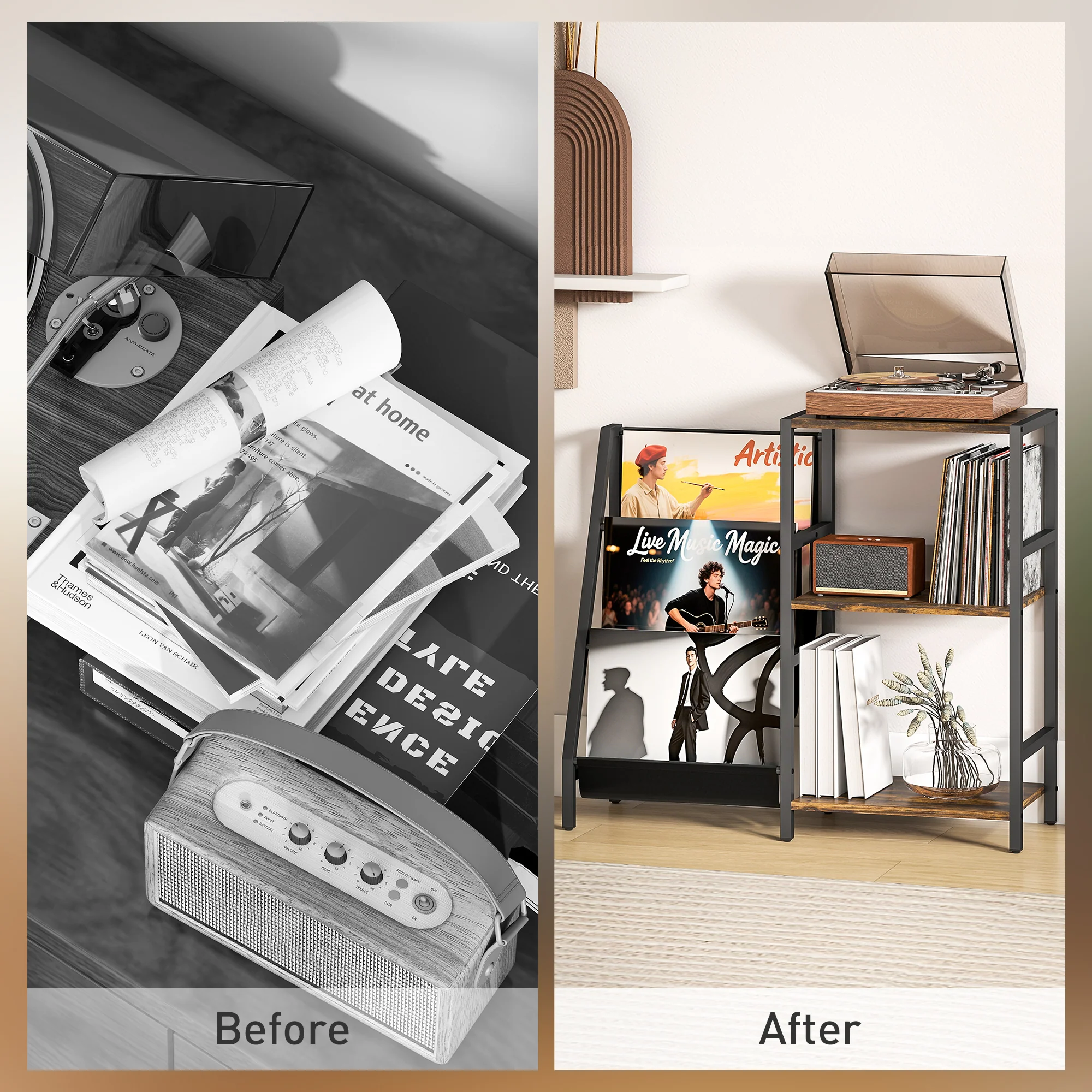 HOMCOM Record Player Stand, 3-Tier Side Table With Vinyl Record Storage - Image 13