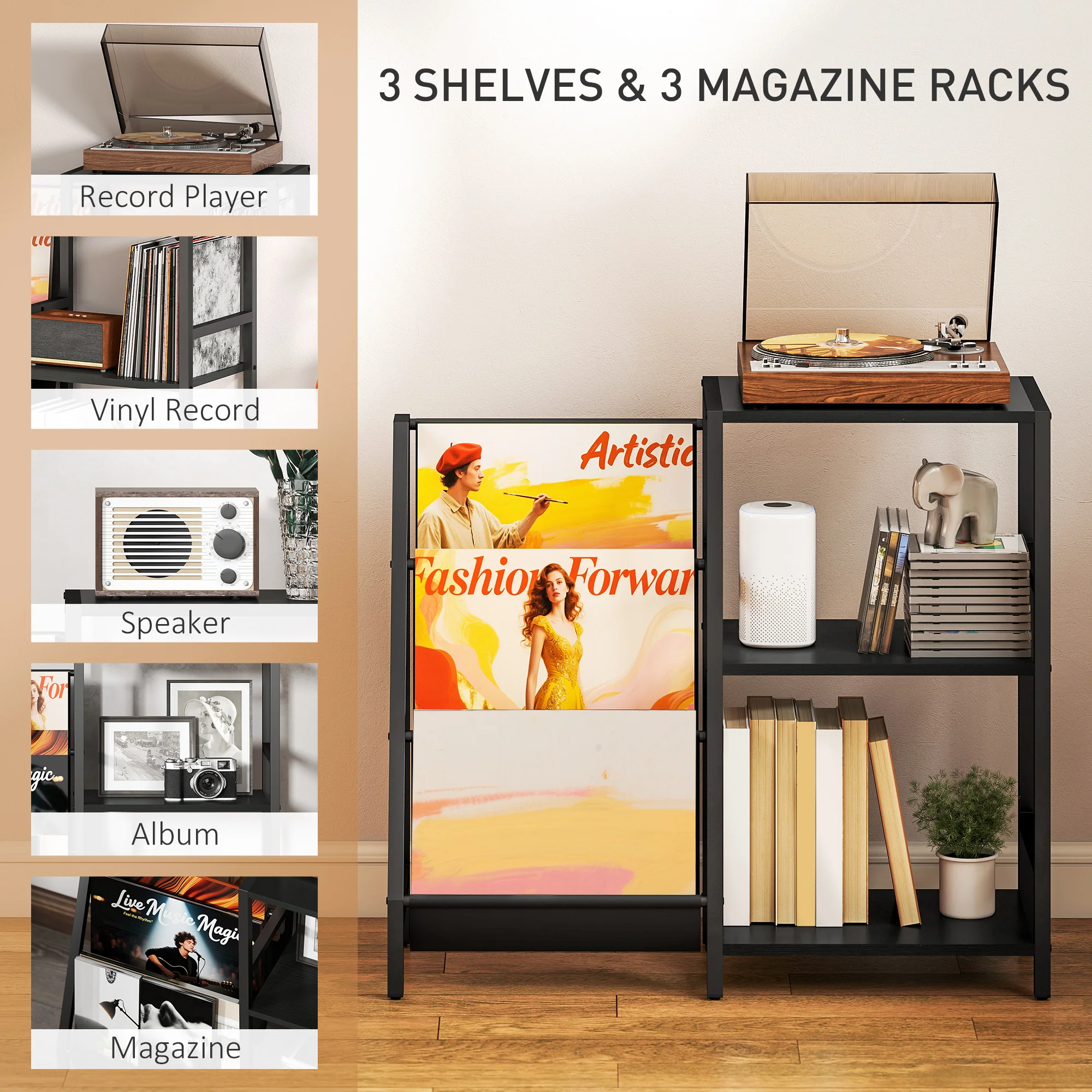 HOMCOM Record Player Stand, 3-Tier Side Table With Vinyl Record Storage - Image 3