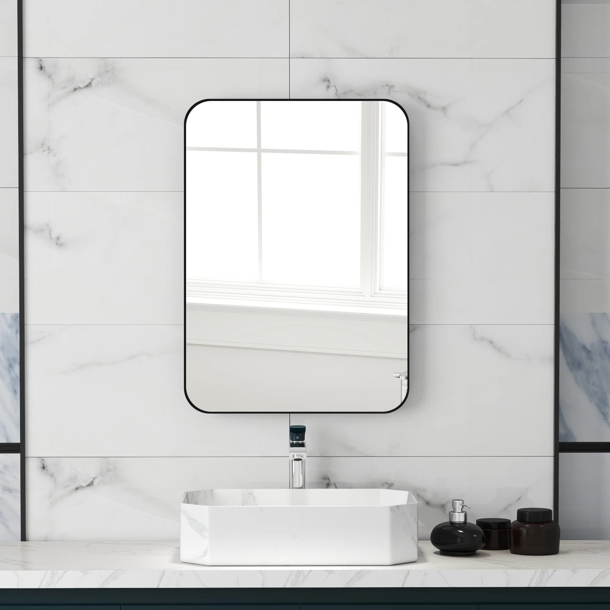 HOMCOM Rectangle Mirror, Wall Mirror with Steel Frame for Bathroom, Black - Image 2