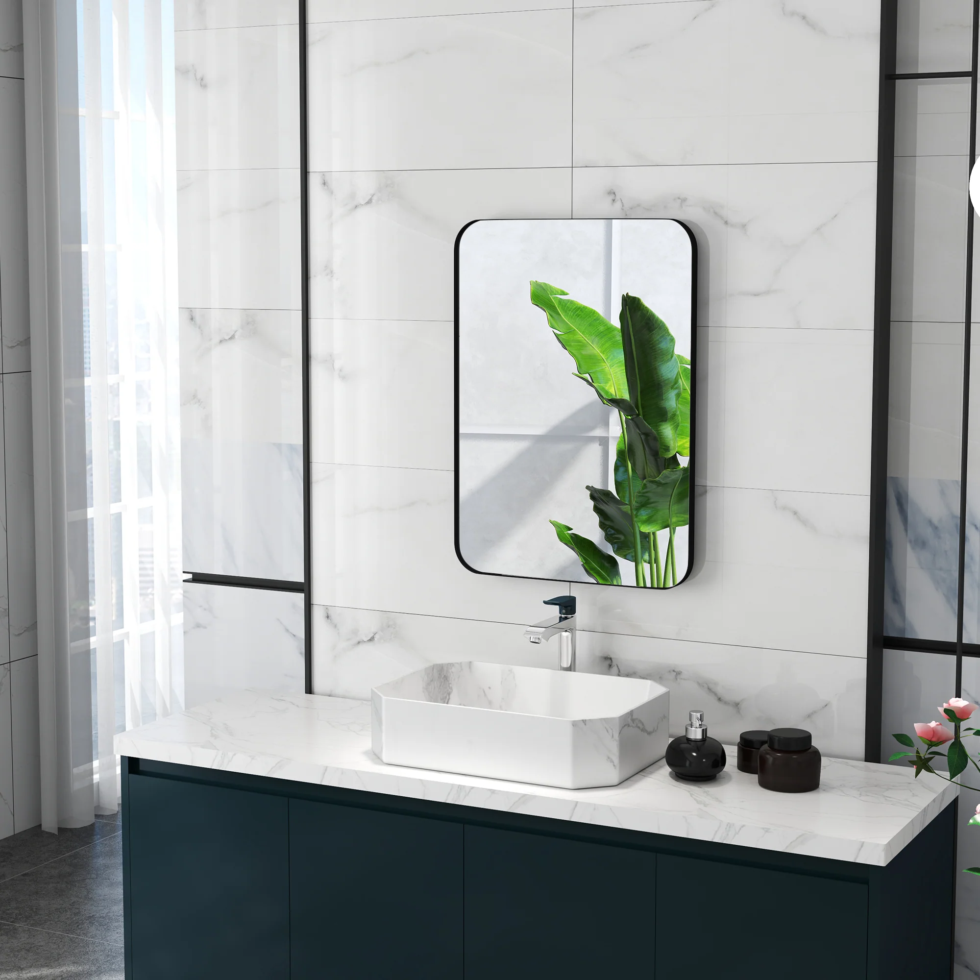 HOMCOM Rectangle Mirror, Wall Mirror with Steel Frame for Bathroom, Black - Image 8
