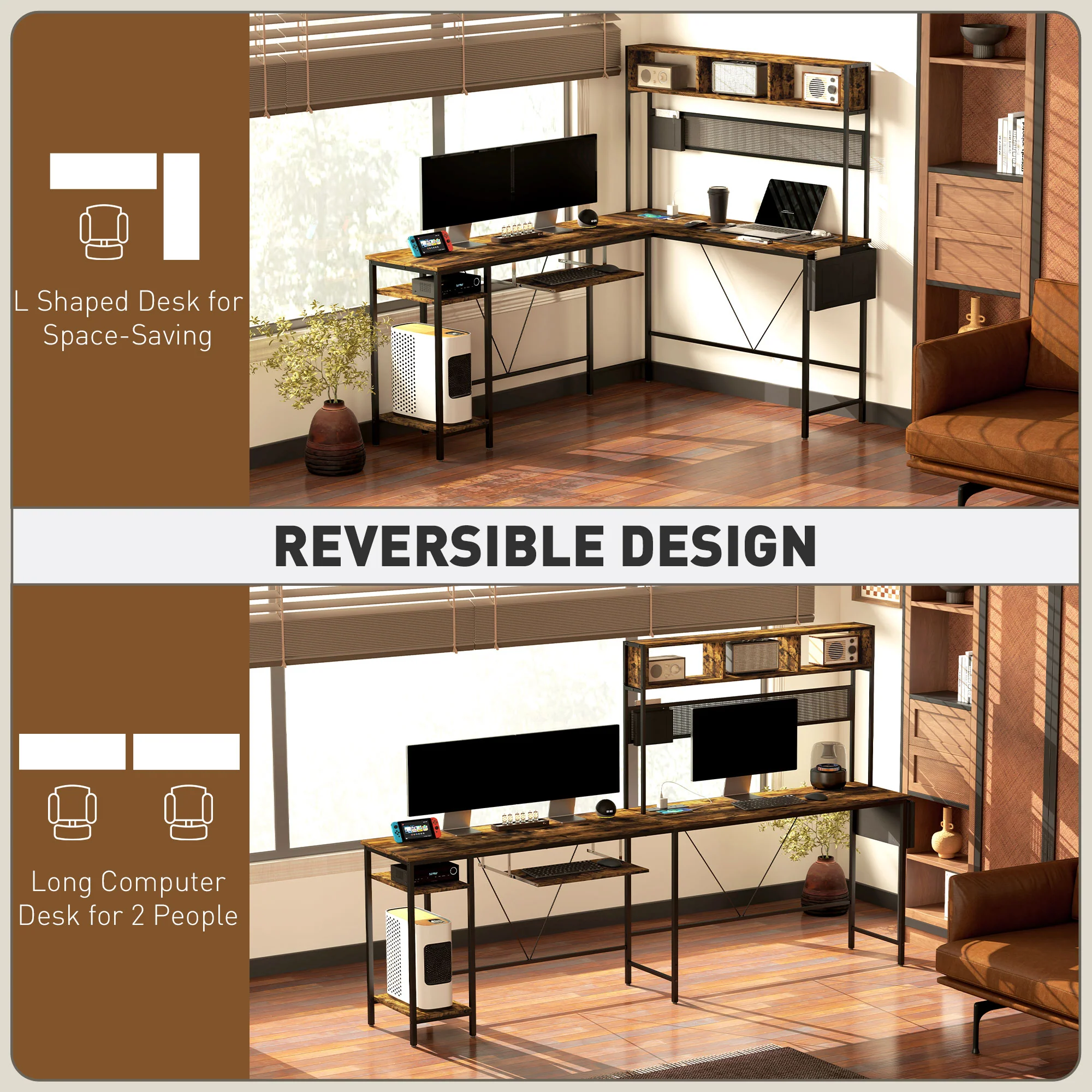 HOMCOM Reversible Corner Desk W/ USB Port, Long Computer Desk For 2 Person - Image 4