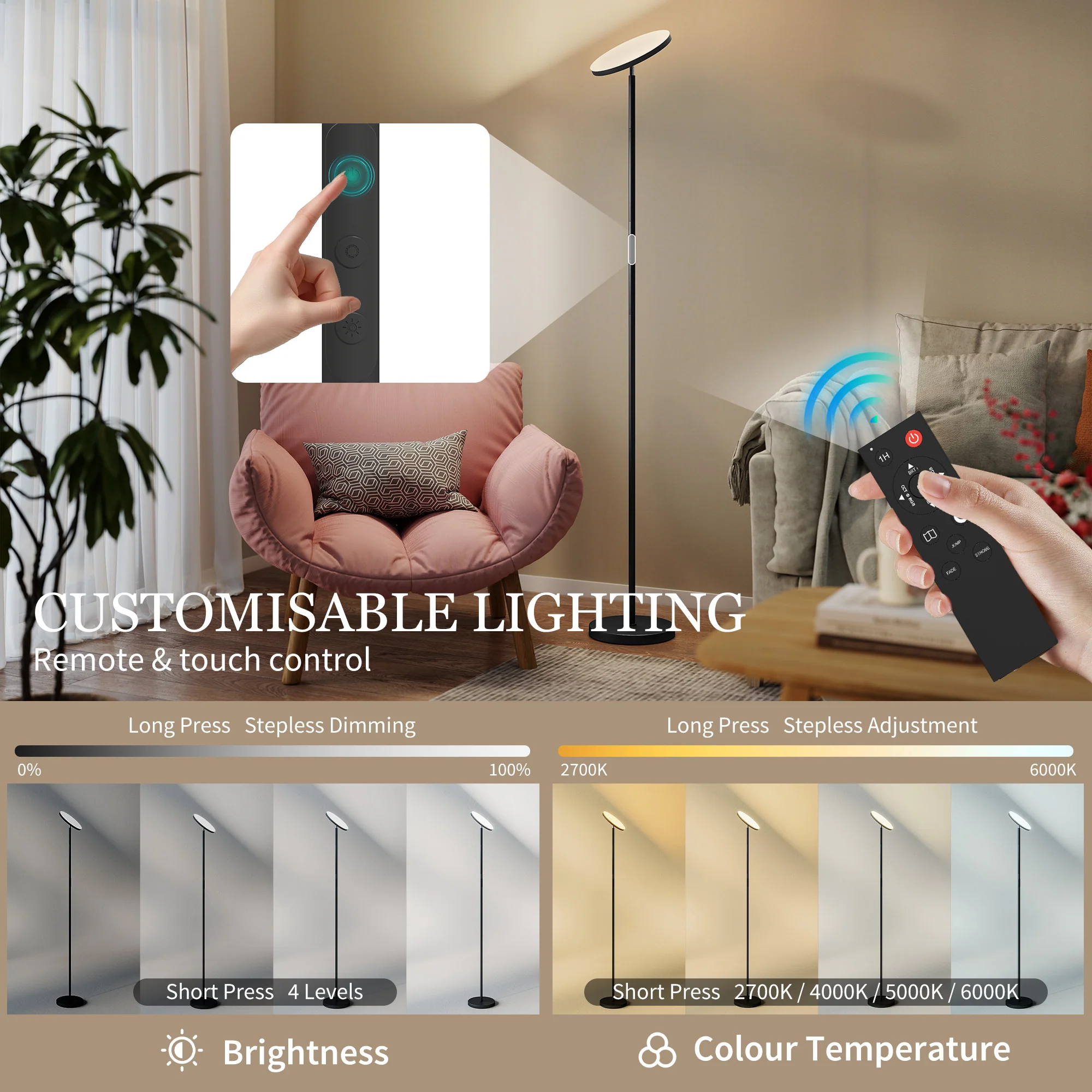 HOMCOM RGB Floor Lamp With Rotatable Head, Modern Standing Lamp, Black - Image 3