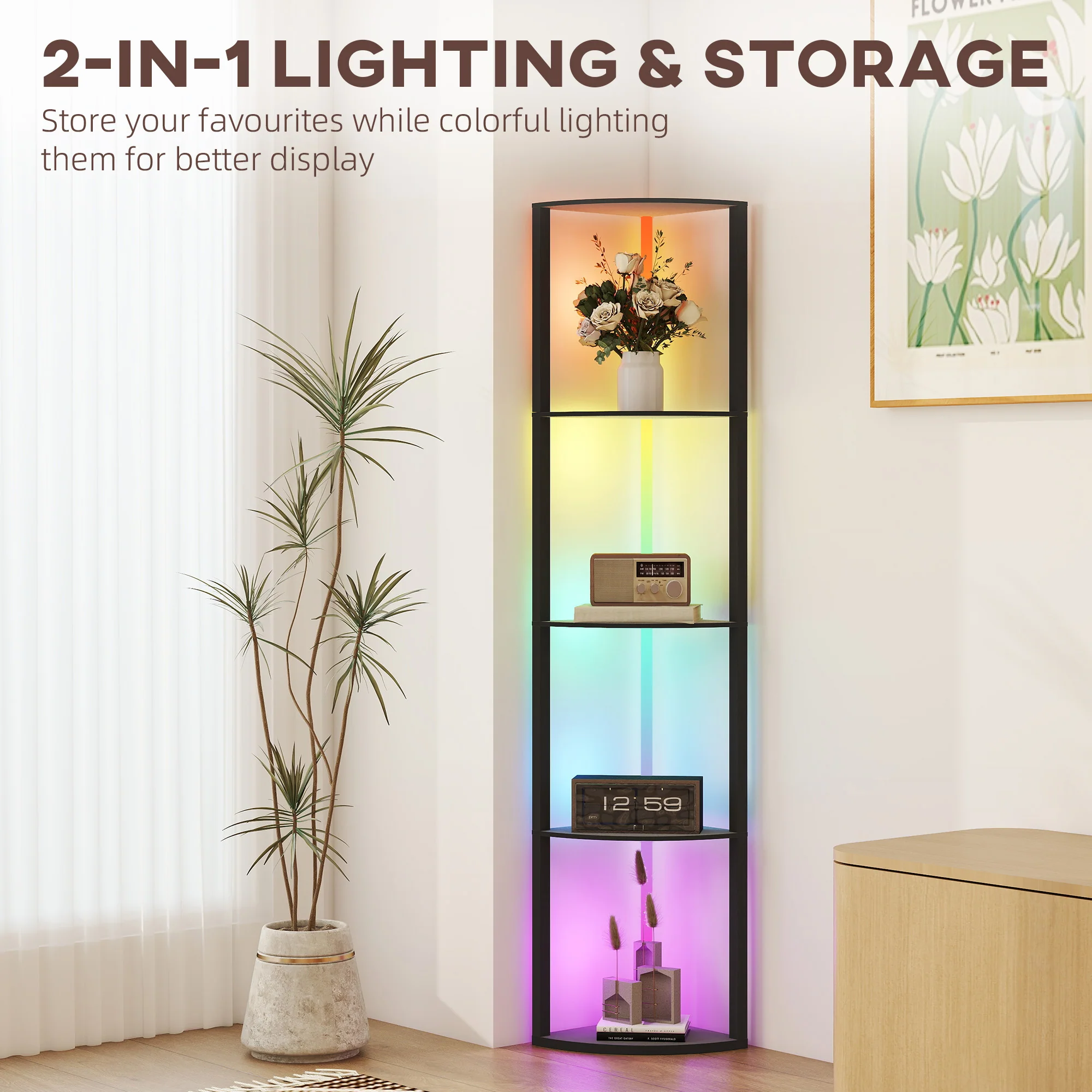 HOMCOM RGB LED Floor Lamp With Shelves And Remote Control For Living Room - Image 13