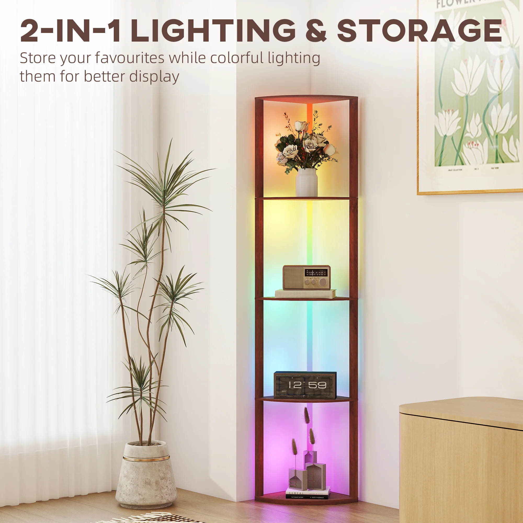 HOMCOM RGB LED Floor Lamp With Shelves And Remote Control For Living Room - Image 22