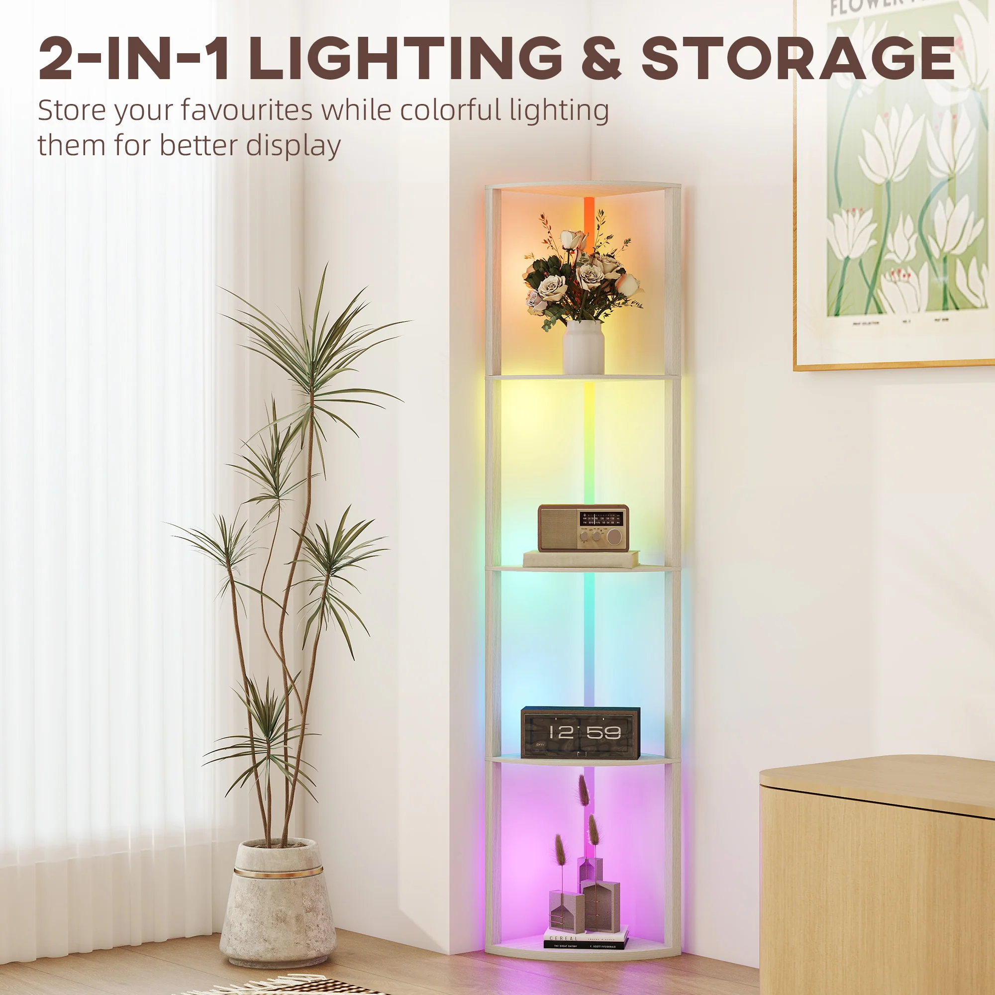 HOMCOM RGB LED Floor Lamp With Shelves And Remote Control For Living Room - Image 4