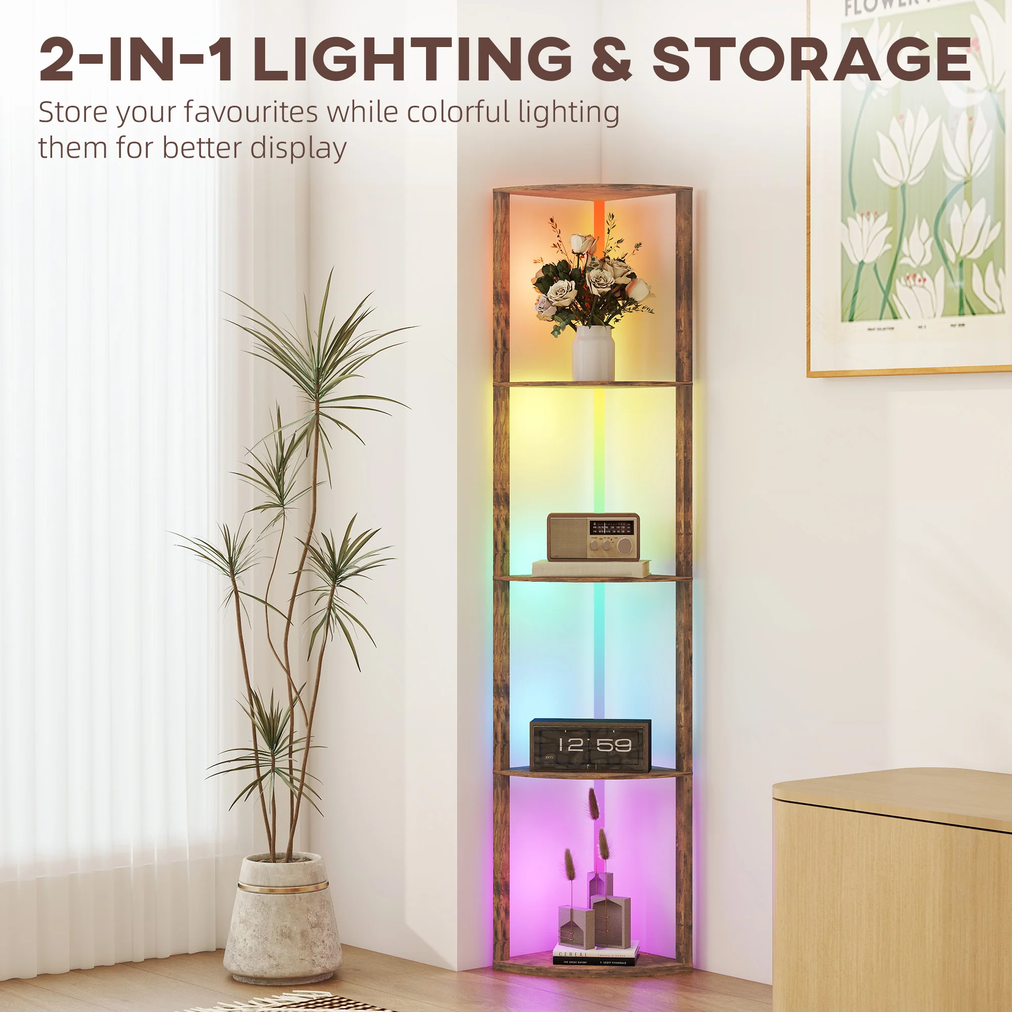 HOMCOM RGB LED Floor Lamp With Shelves And Remote Control For Living Room - Image 40