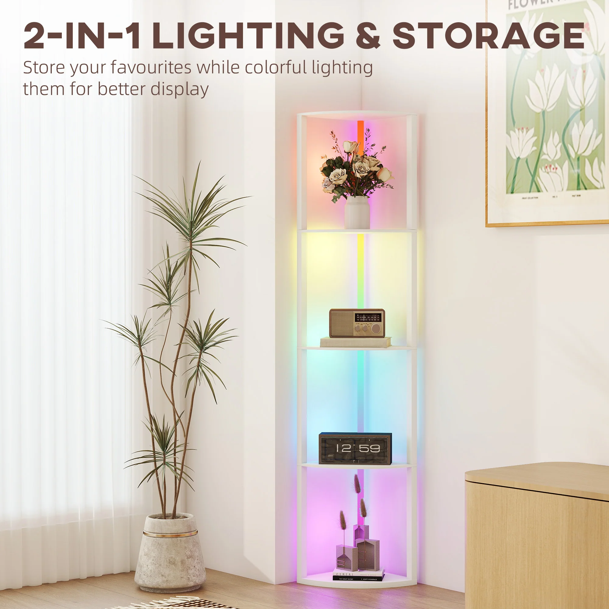 HOMCOM RGB LED Floor Lamp With Shelves And Remote Control For Living Room - Image 49