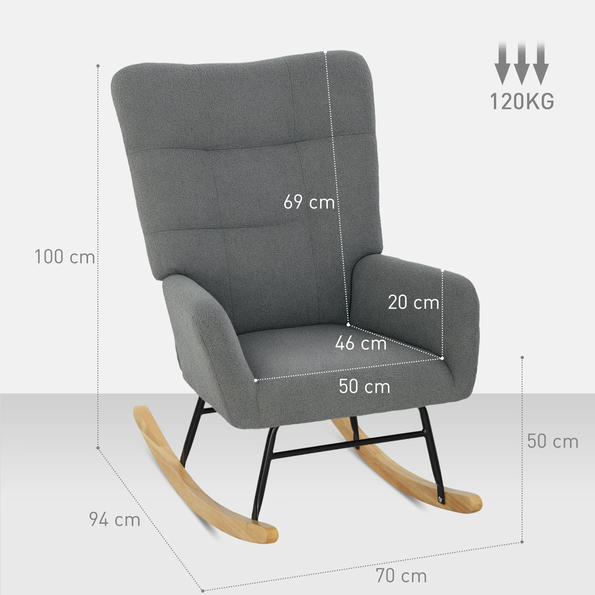 HOMCOM Rocking Chair, Modern Armchair with Backrest for Bedroom, Grey - Image 5