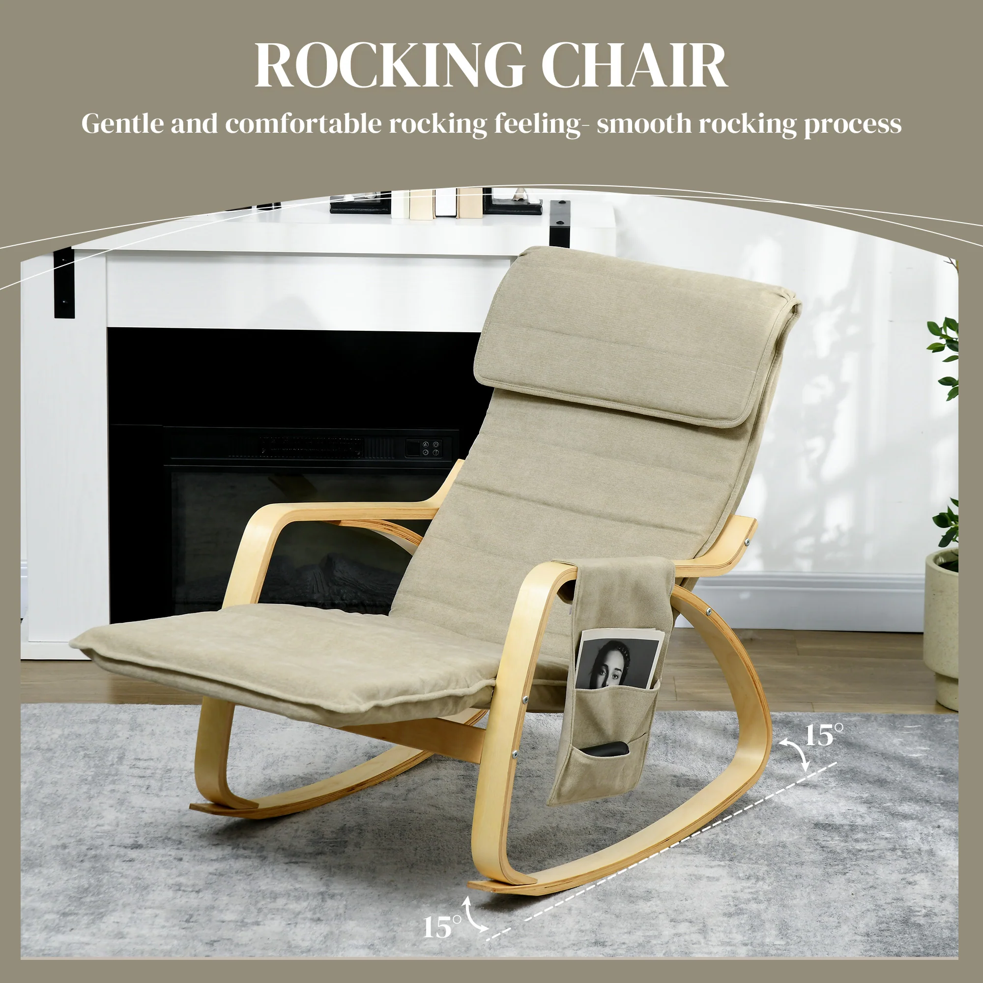 HOMCOM Rocking Chair Recliner Armchair With Adjustable Footrest, Khaki - Image 3