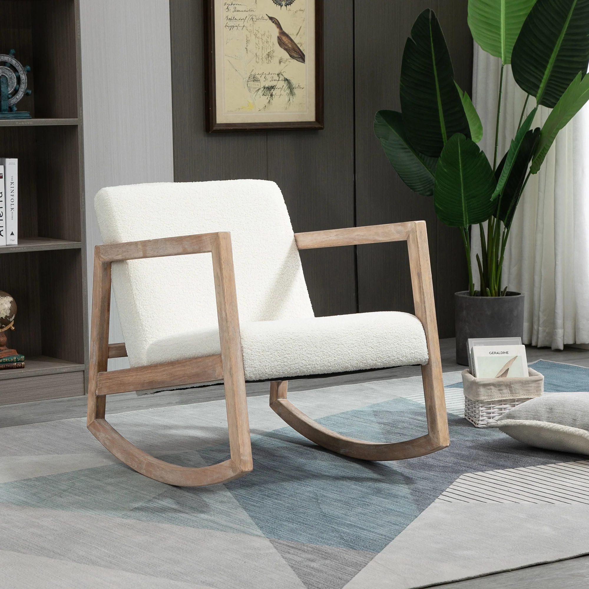 HOMCOM Rocking Chair Upholstered Armchair Wooden Accent Chair Cream - Image 12