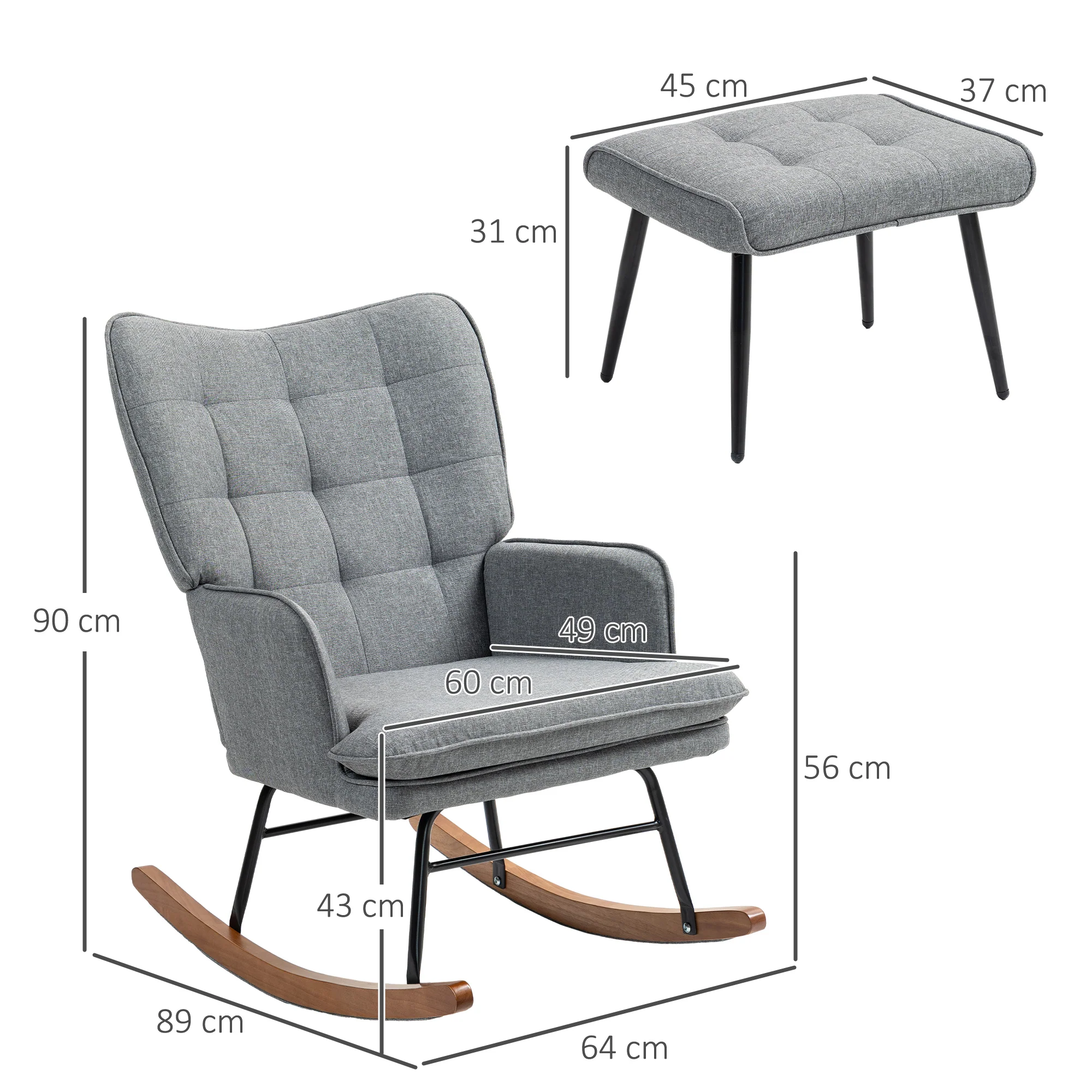 HOMCOM Rocking Chair With Footstool Fabric Wingback Chair For Bedroom Grey - Image 5