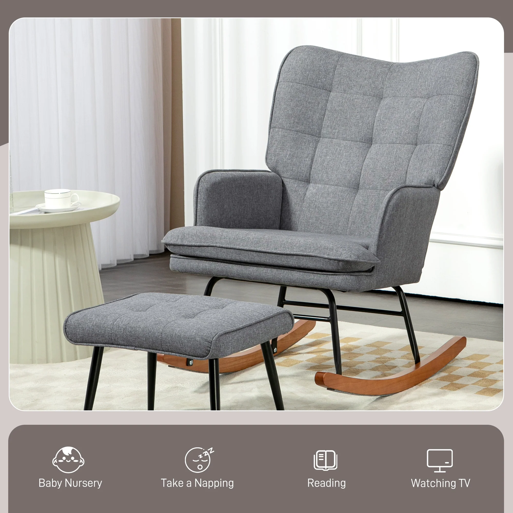 HOMCOM Rocking Chair With Footstool Fabric Wingback Chair For Bedroom Grey - Image 6