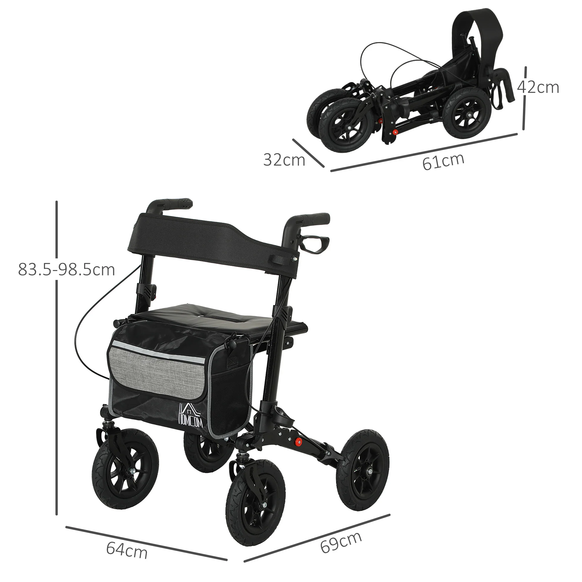 HOMCOM Rollator Walker With Padded Seat, Backrest, All-terrain Wheels - Image 5