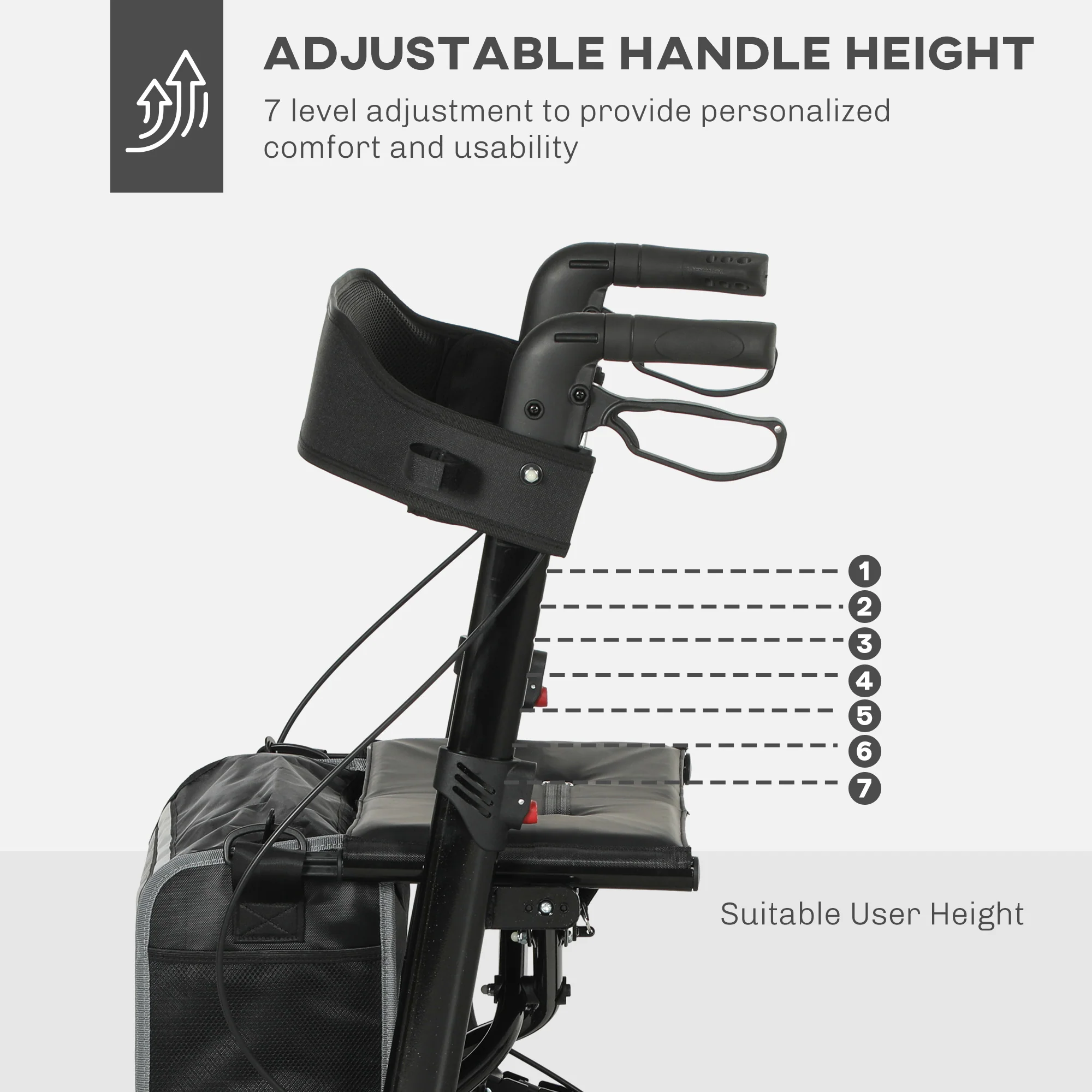 HOMCOM Rollator Walker With Padded Seat, Backrest, All-terrain Wheels - Image 6