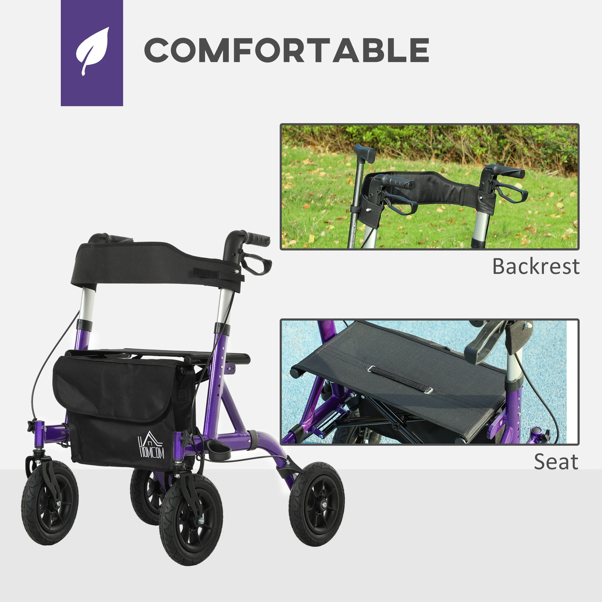 HOMCOM Rollator Walker With Seat, Backrest, Bag, All-terrain Wheels - Image 3