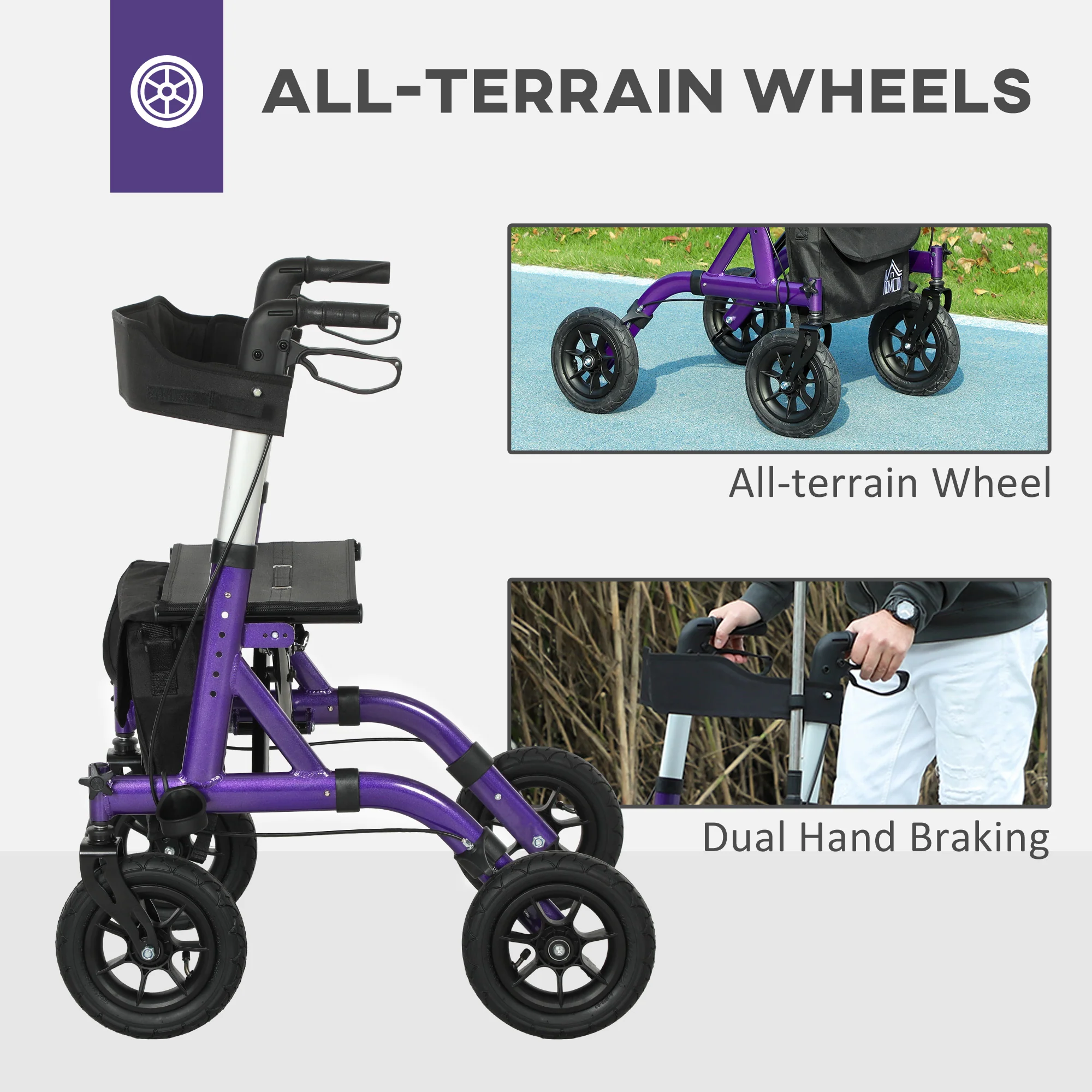 HOMCOM Rollator Walker With Seat, Backrest, Bag, All-terrain Wheels - Image 4