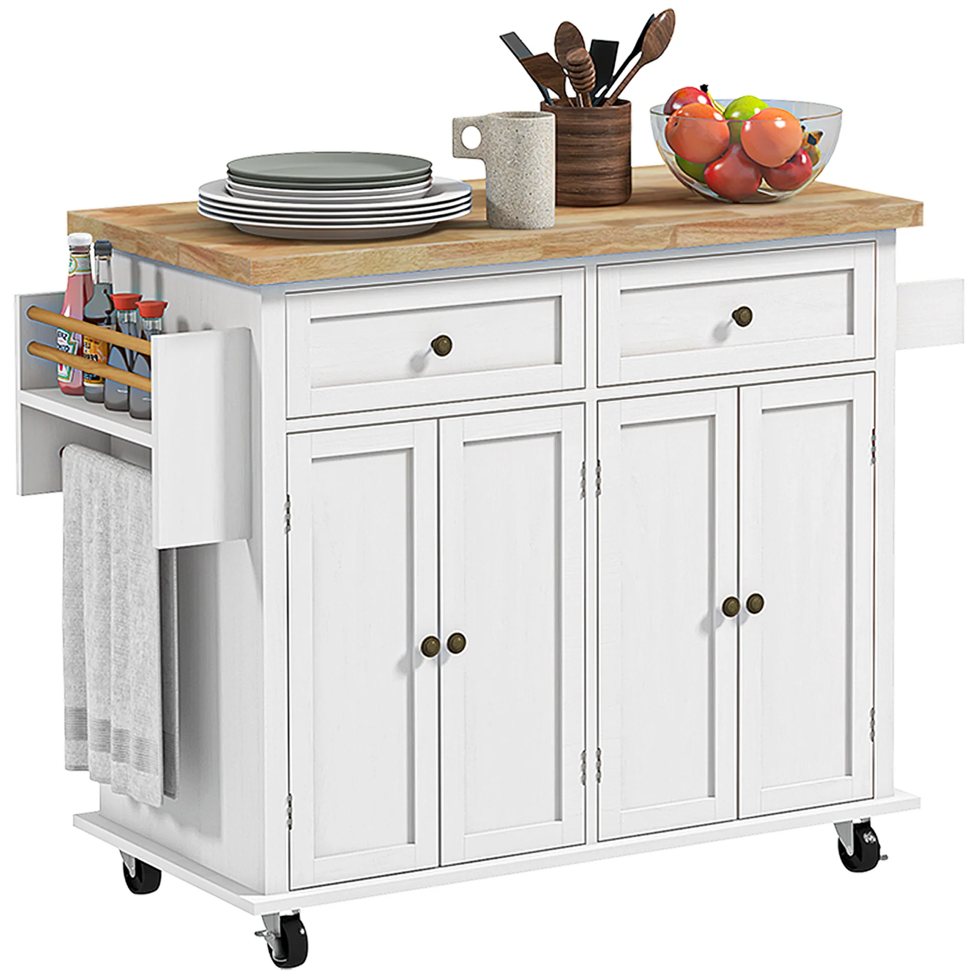 HOMCOM Rolling Kitchen Island Cart with Rubber Wood Top - Image 10