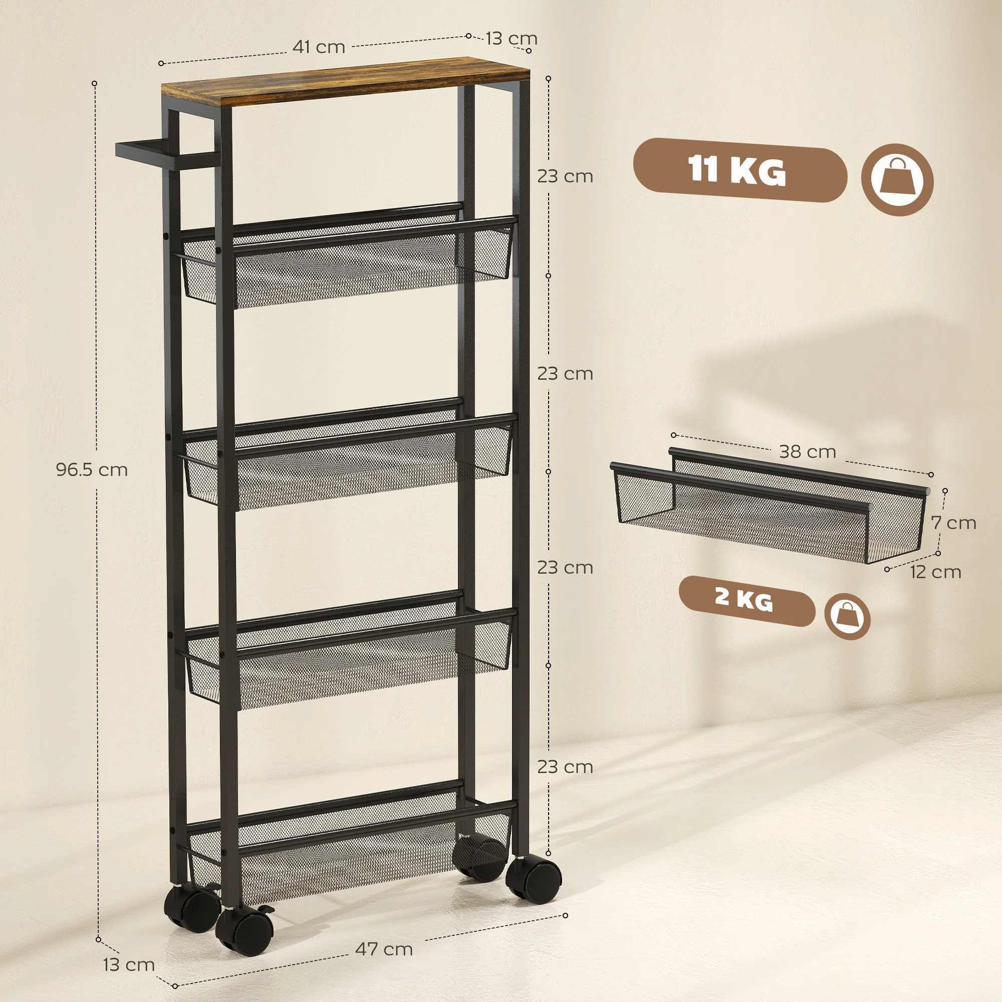 HOMCOM Rolling Kitchen Trolley, Slim Storage Cart With Metal Frame, Handle - Image 4