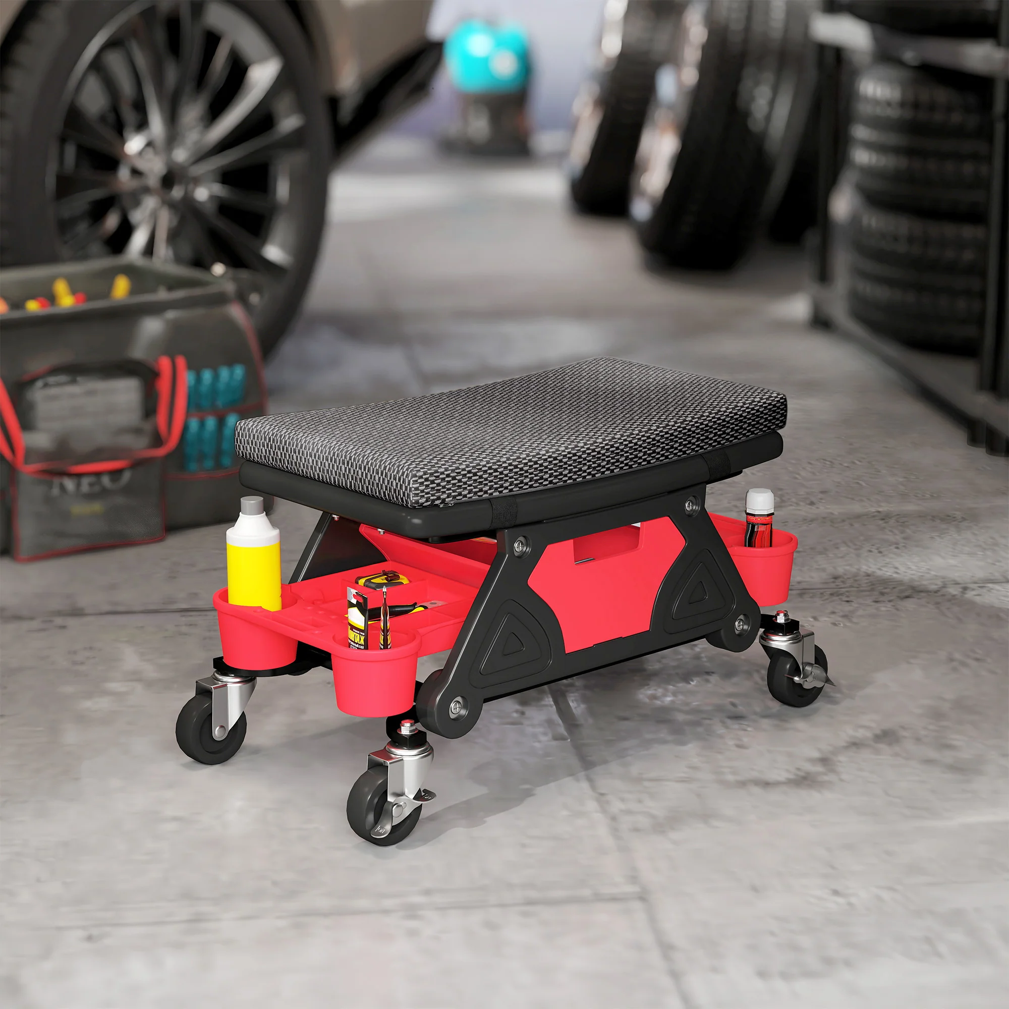 HOMCOM Rolling Mechanic Stool, 135kg Capacity Workshop Stool, Black - Image 2