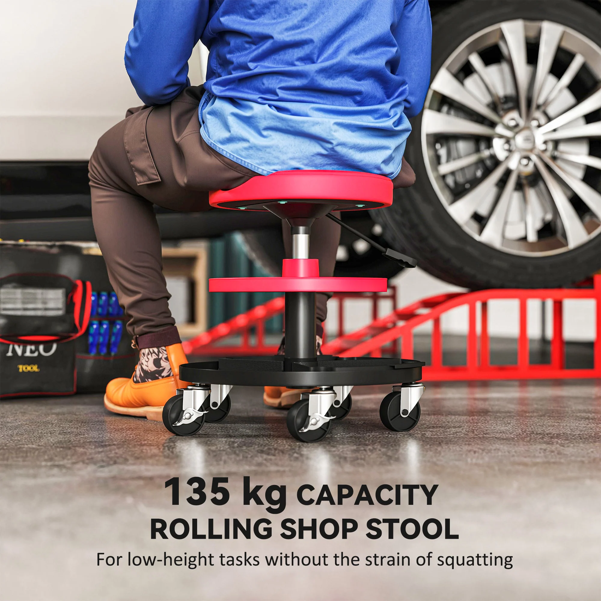 HOMCOM Rolling Mechanic Stool, 135kg Capacity Workshop Stool, Red - Image 3
