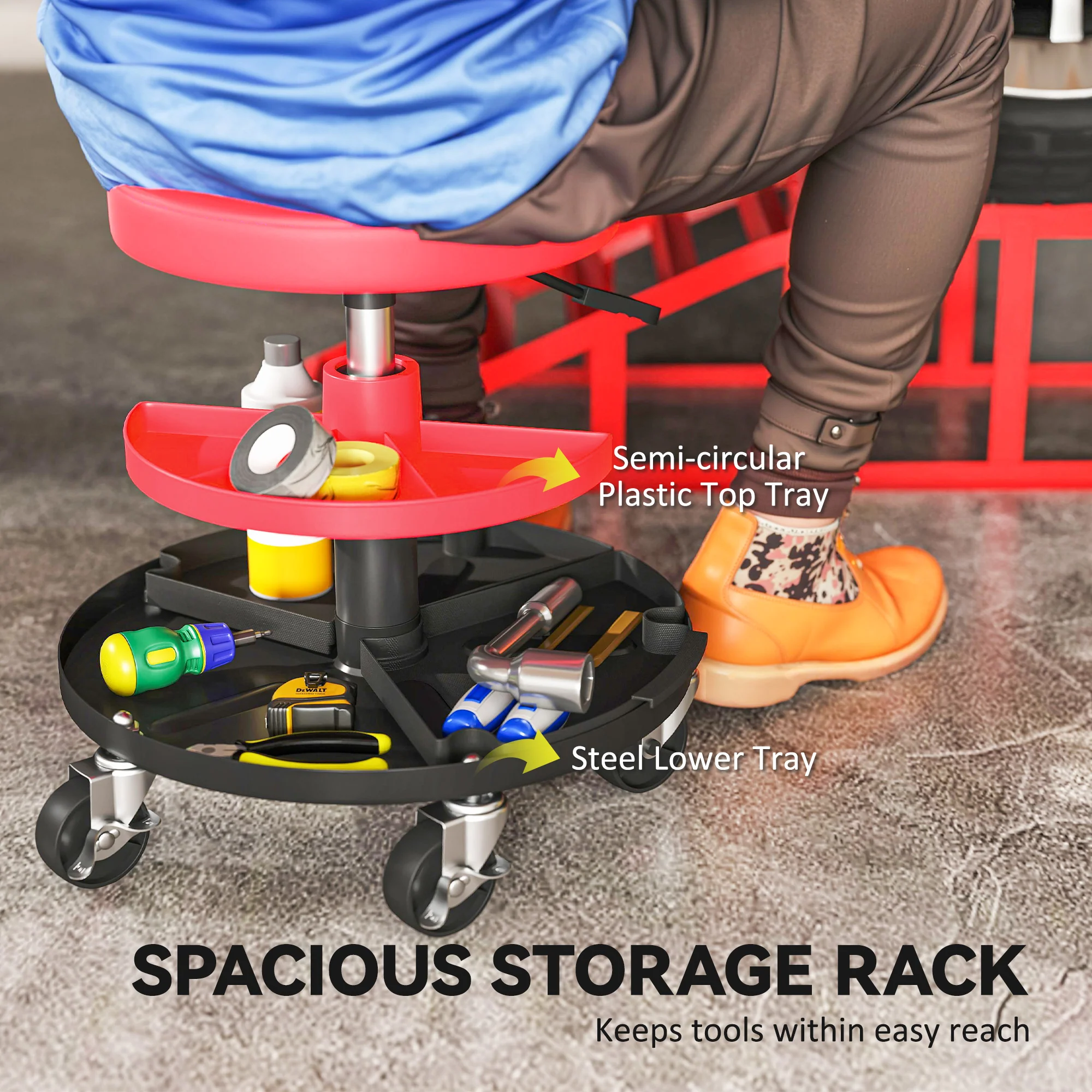 HOMCOM Rolling Mechanic Stool, 135kg Capacity Workshop Stool, Red - Image 8