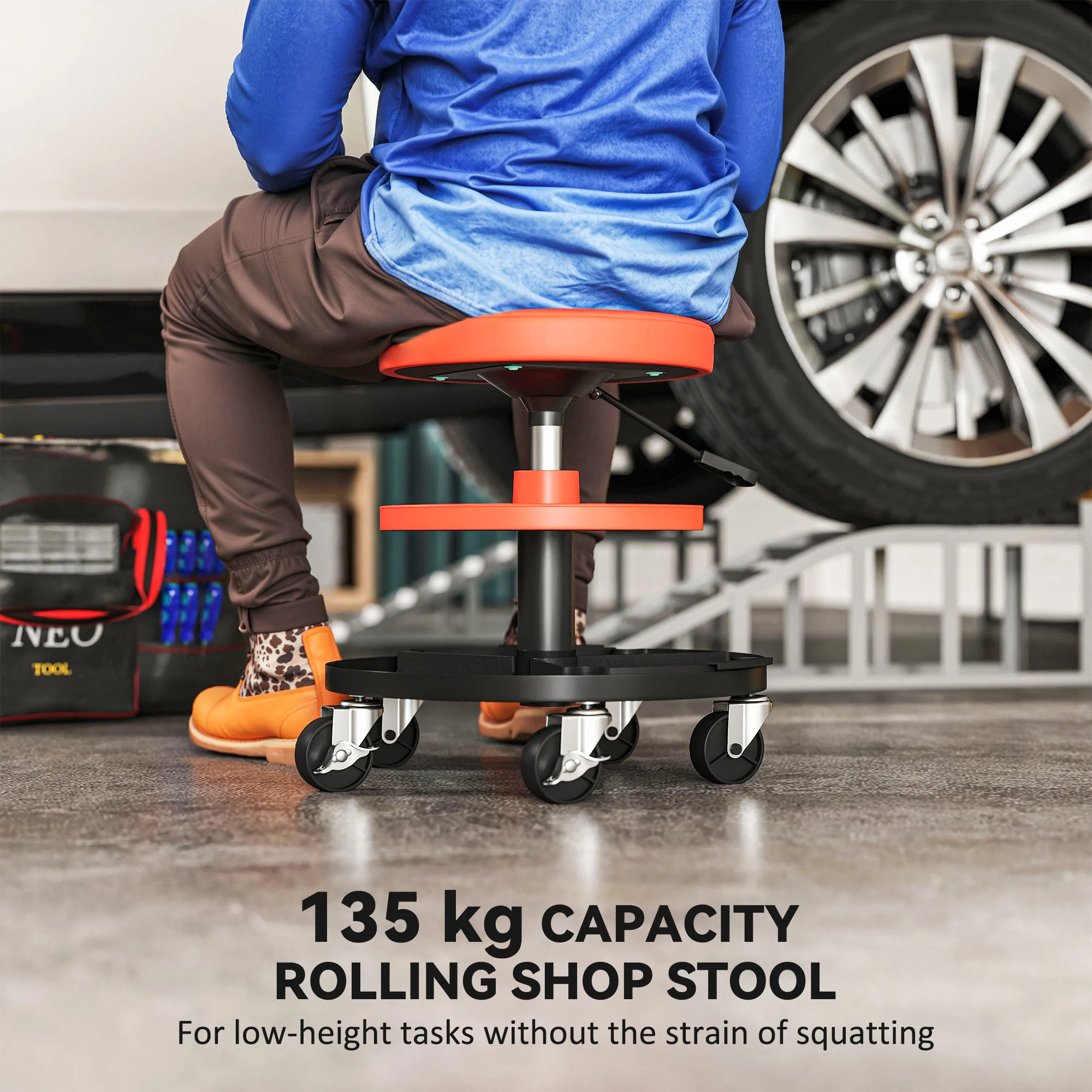 HOMCOM Rolling Mechanic Stool, 135kg Capacity Workshop Stool, Yellow - Image 3