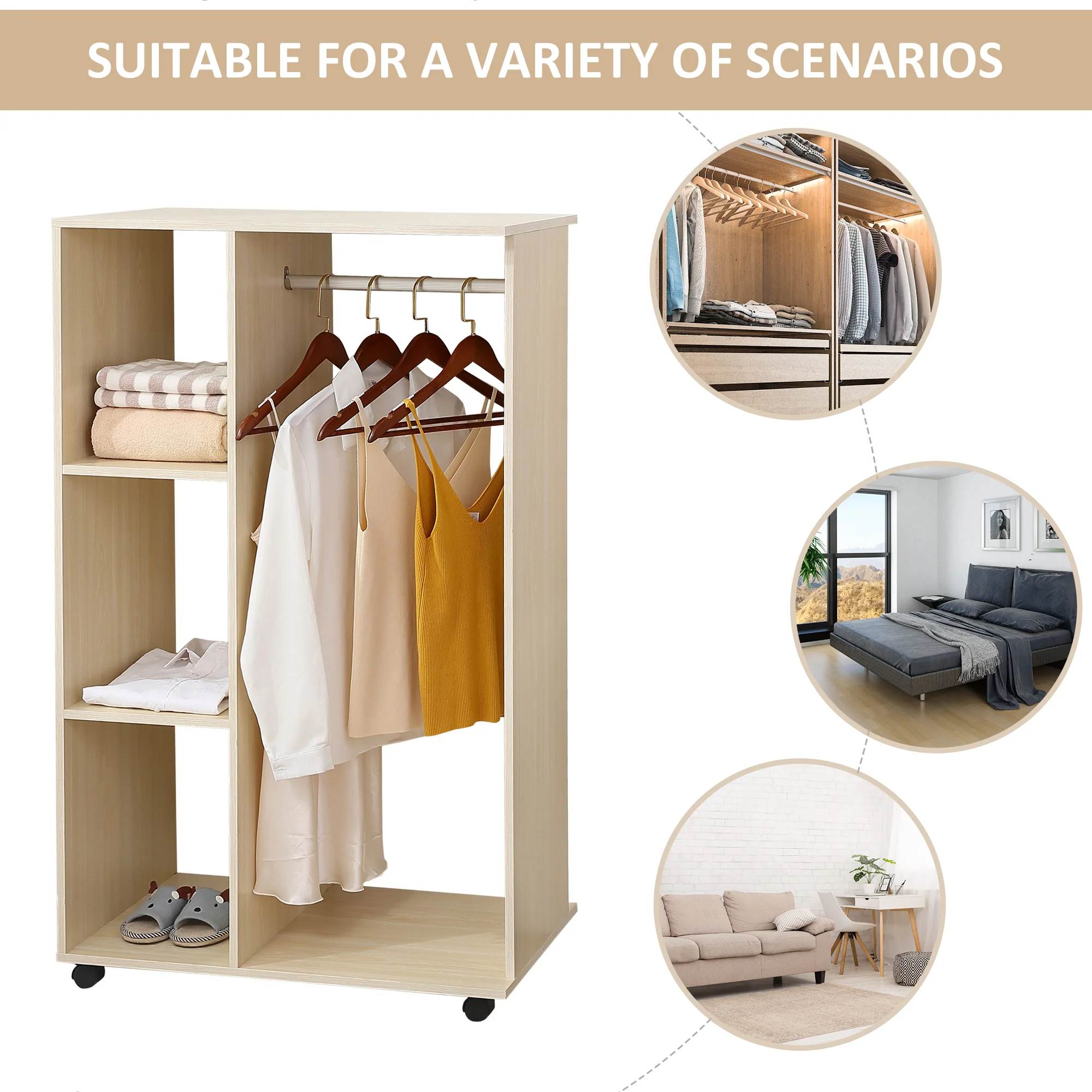 HOMCOM Rolling Open Wardrobe Hanging Rail Storage Shelves for Clothes - Image 3