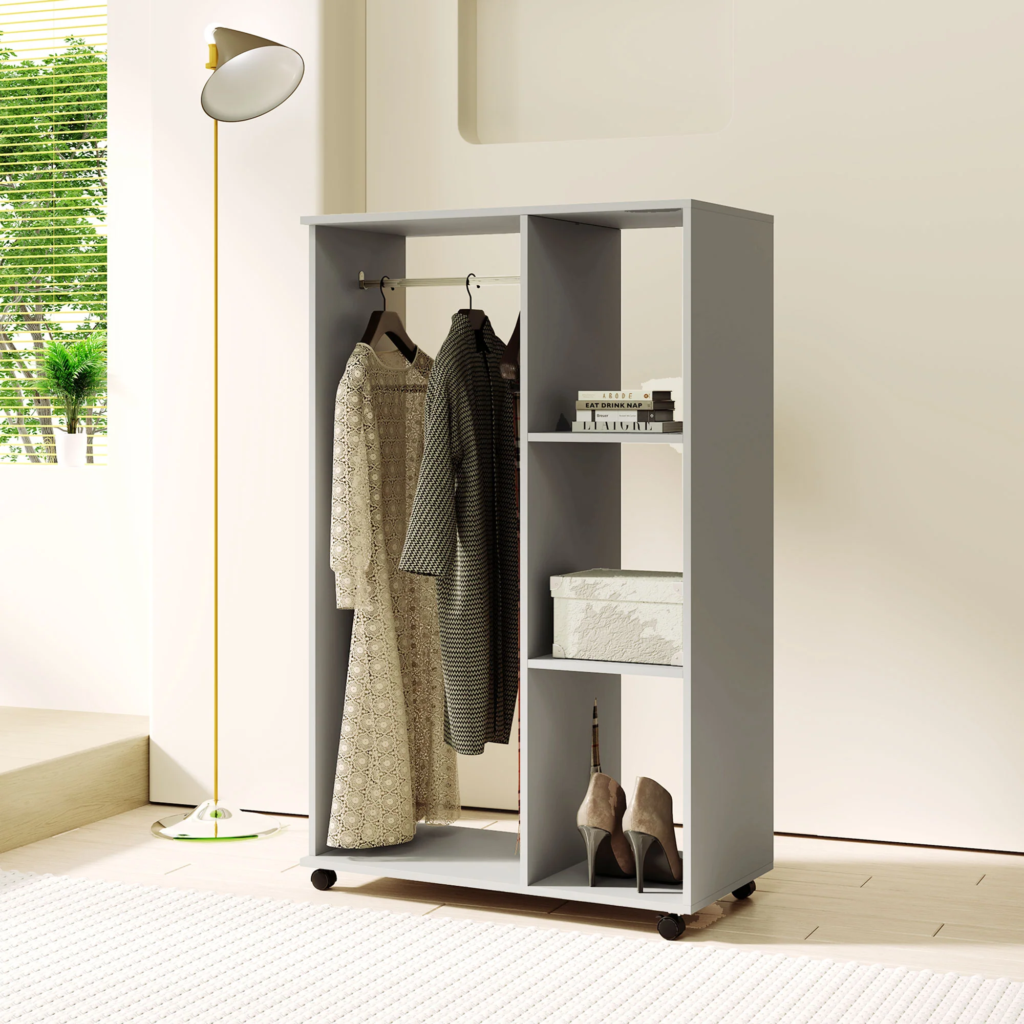HOMCOM Rolling Open Wardrobe Hanging Rail Storage Shelves For Clothes, Grey - Image 8