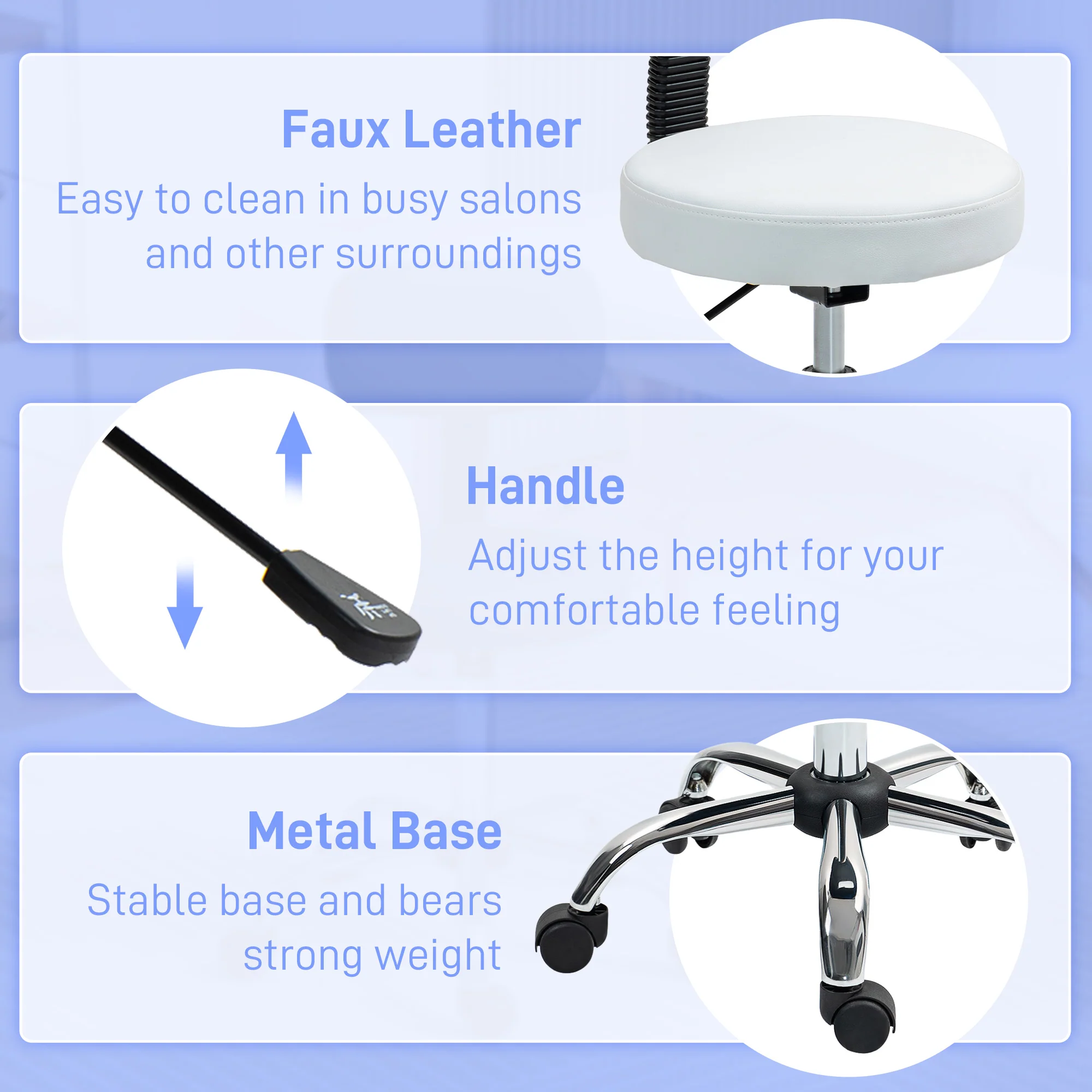 HOMCOM Rolling Stool With Backrest, Wheels, Faux Leather Salon Chair - Image 24