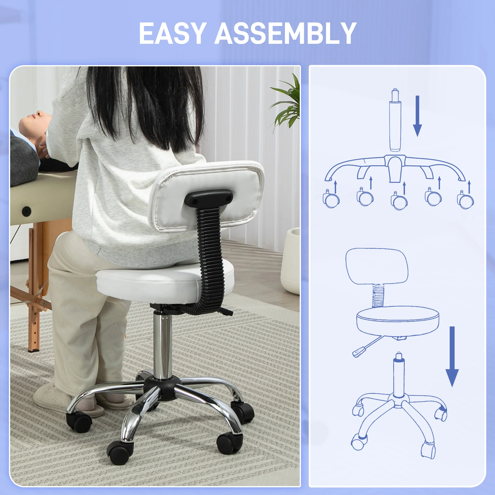 HOMCOM Rolling Stool With Backrest, Wheels, Faux Leather Salon Chair - Image 25