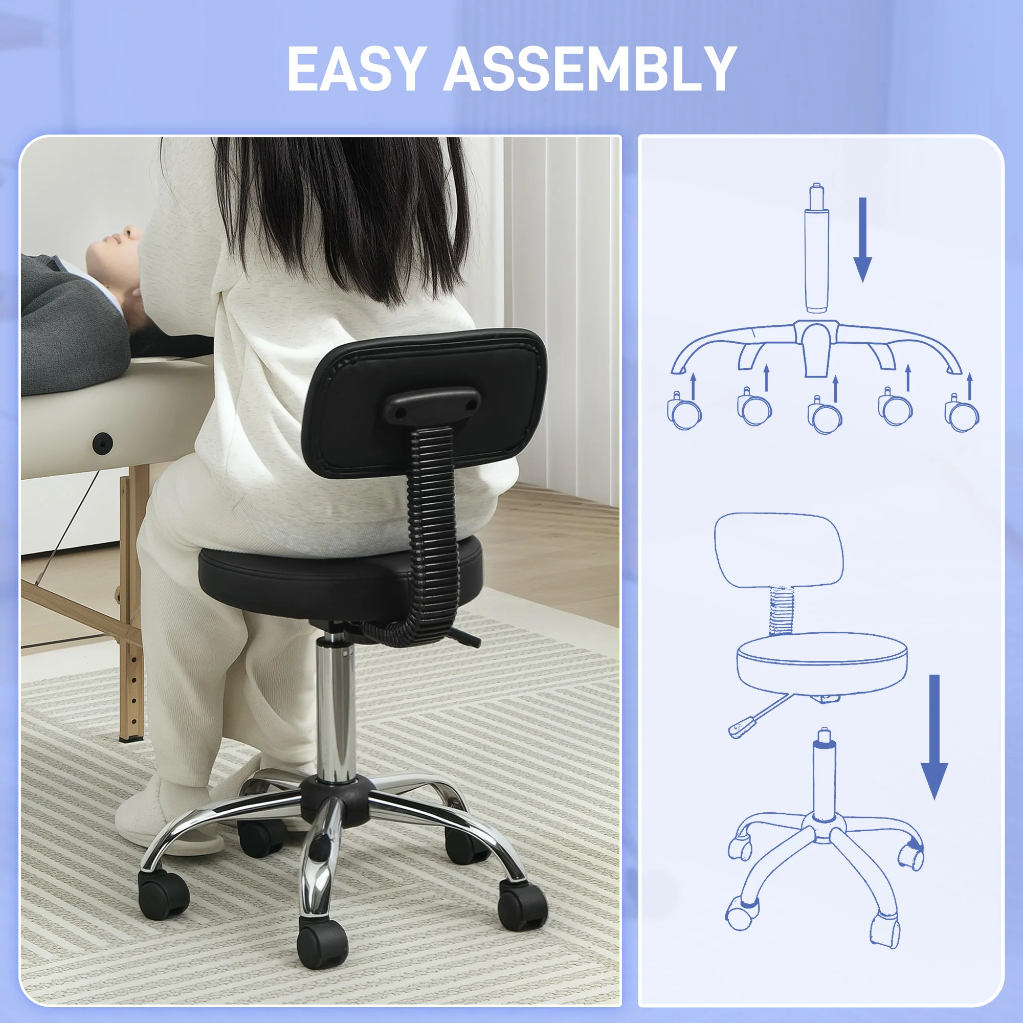 HOMCOM Rolling Stool With Backrest, Wheels, Faux Leather Salon Chair - Image 7