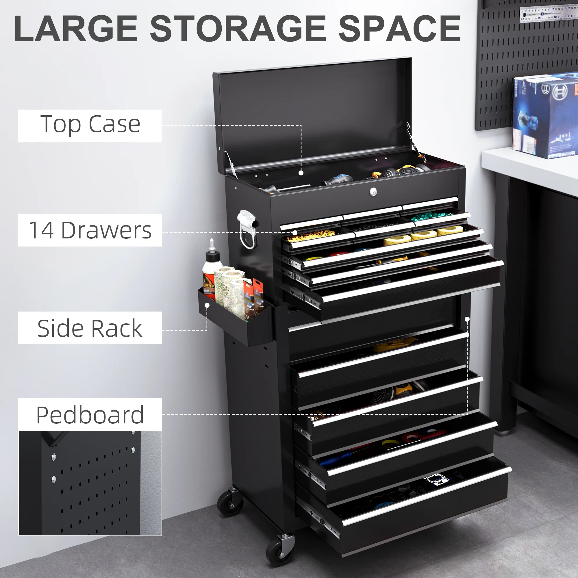 HOMCOM Rolling Tool Chest Lockable Roller Cabinet With With 14 Drawers Black - Image 3
