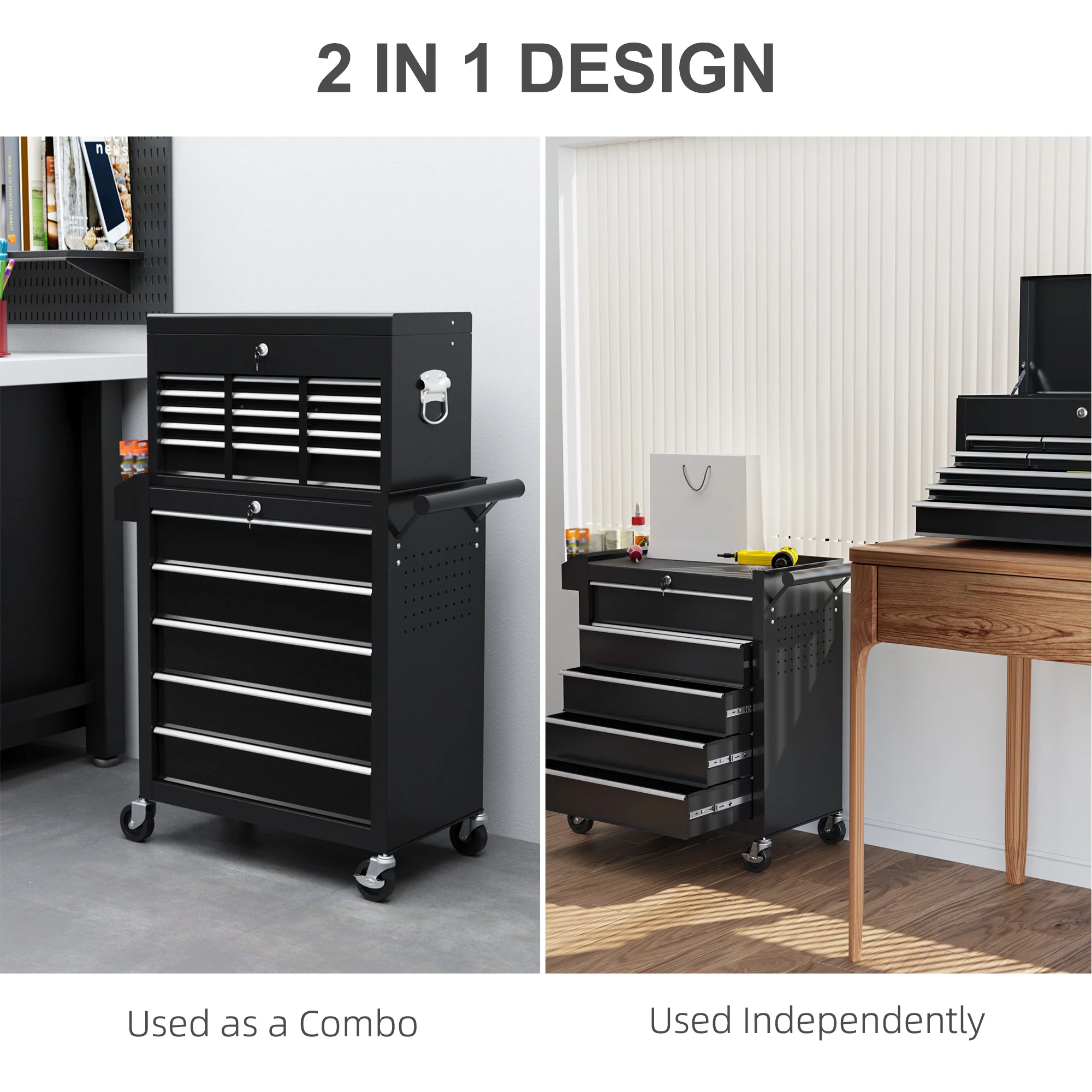 HOMCOM Rolling Tool Chest Lockable Roller Cabinet With With 14 Drawers Black - Image 4