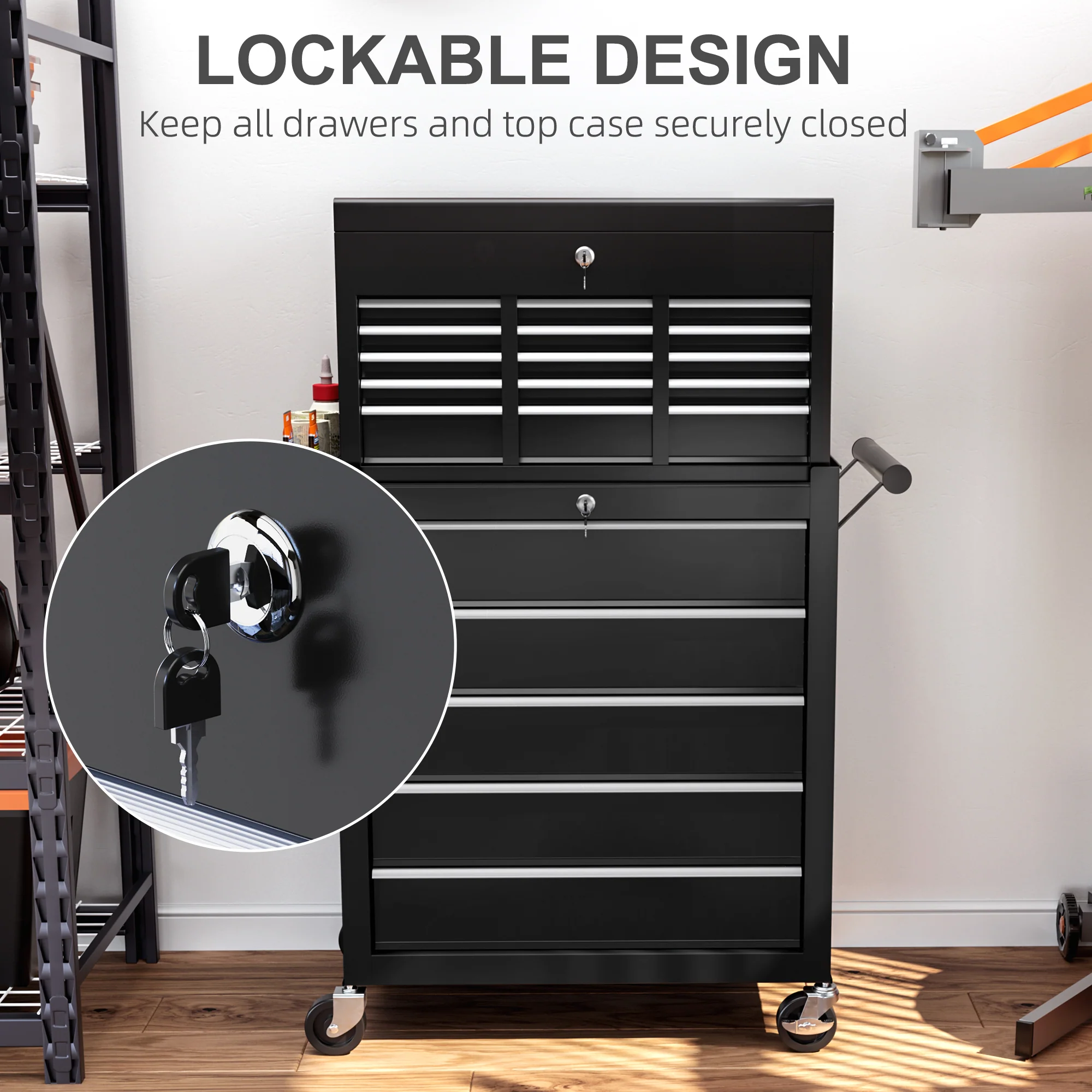 HOMCOM Rolling Tool Chest Lockable Roller Cabinet With With 14 Drawers Black - Image 6