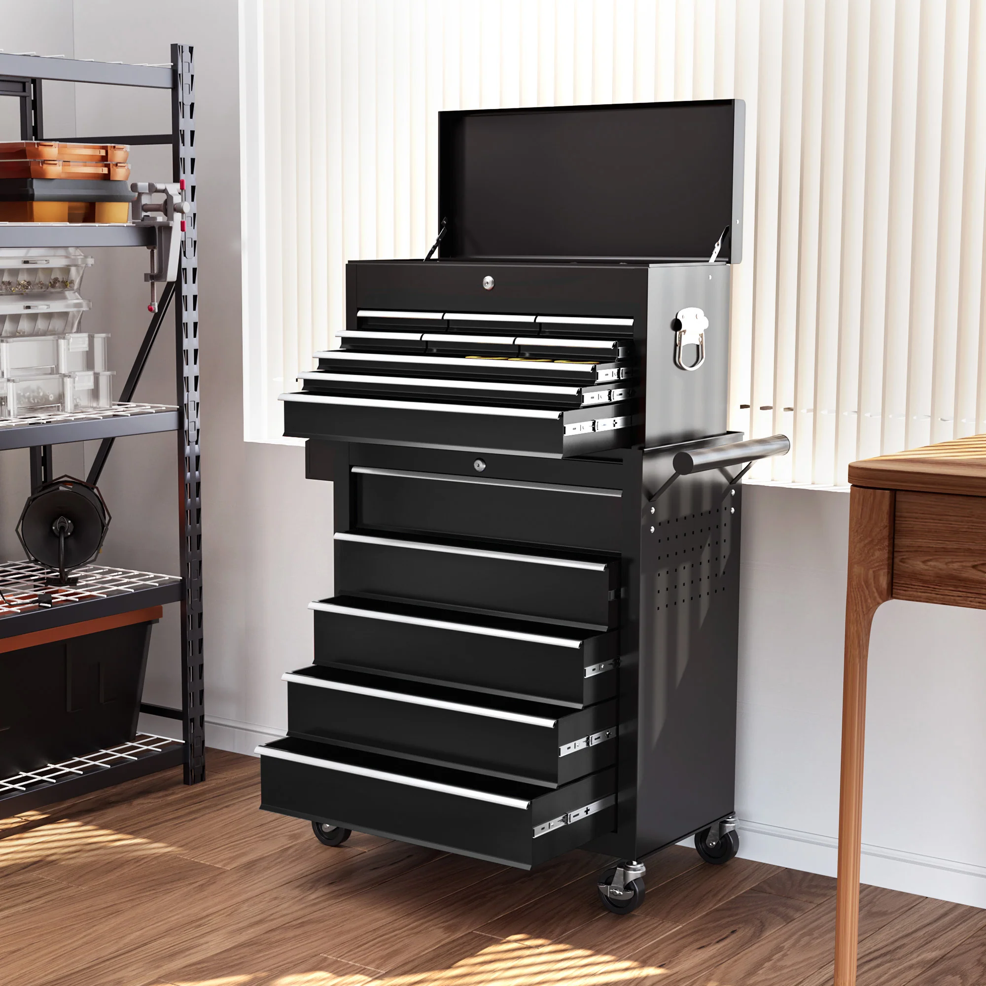 HOMCOM Rolling Tool Chest Lockable Roller Cabinet With With 14 Drawers Black - Image 8