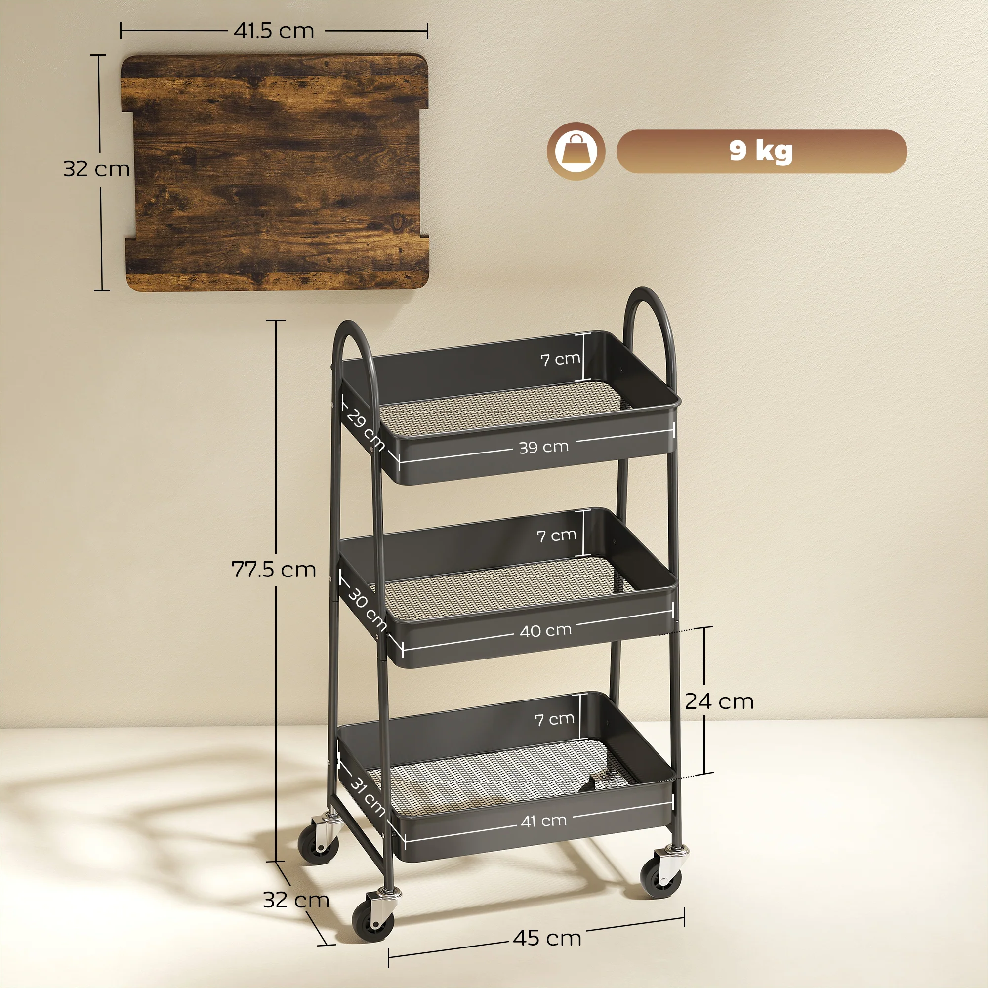 HOMCOM Rolling Utility Cart With Mesh Baskets For Kitchen Rustic Brown Black - Image 5