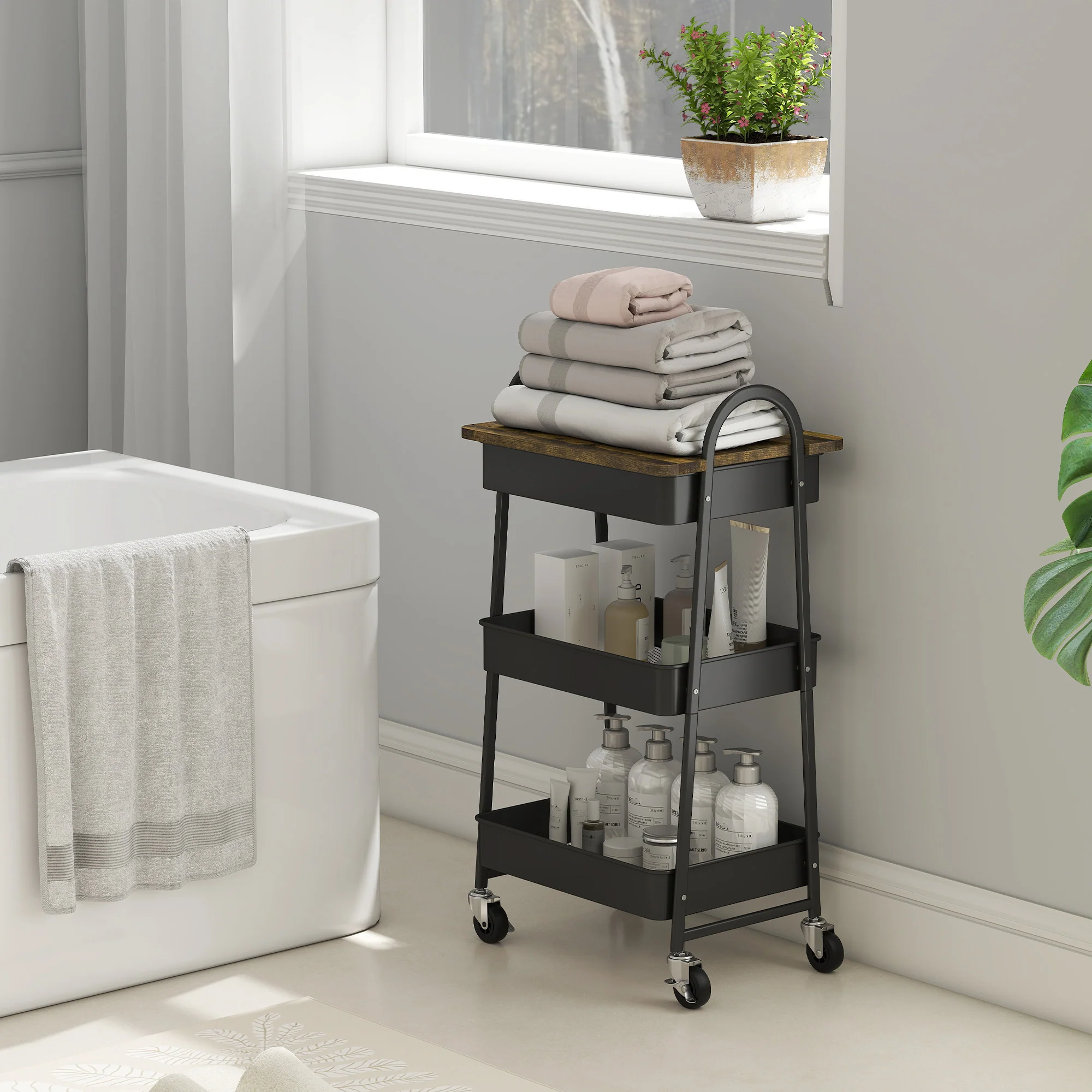 HOMCOM Rolling Utility Cart With Mesh Baskets For Kitchen Rustic Brown Black - Image 9