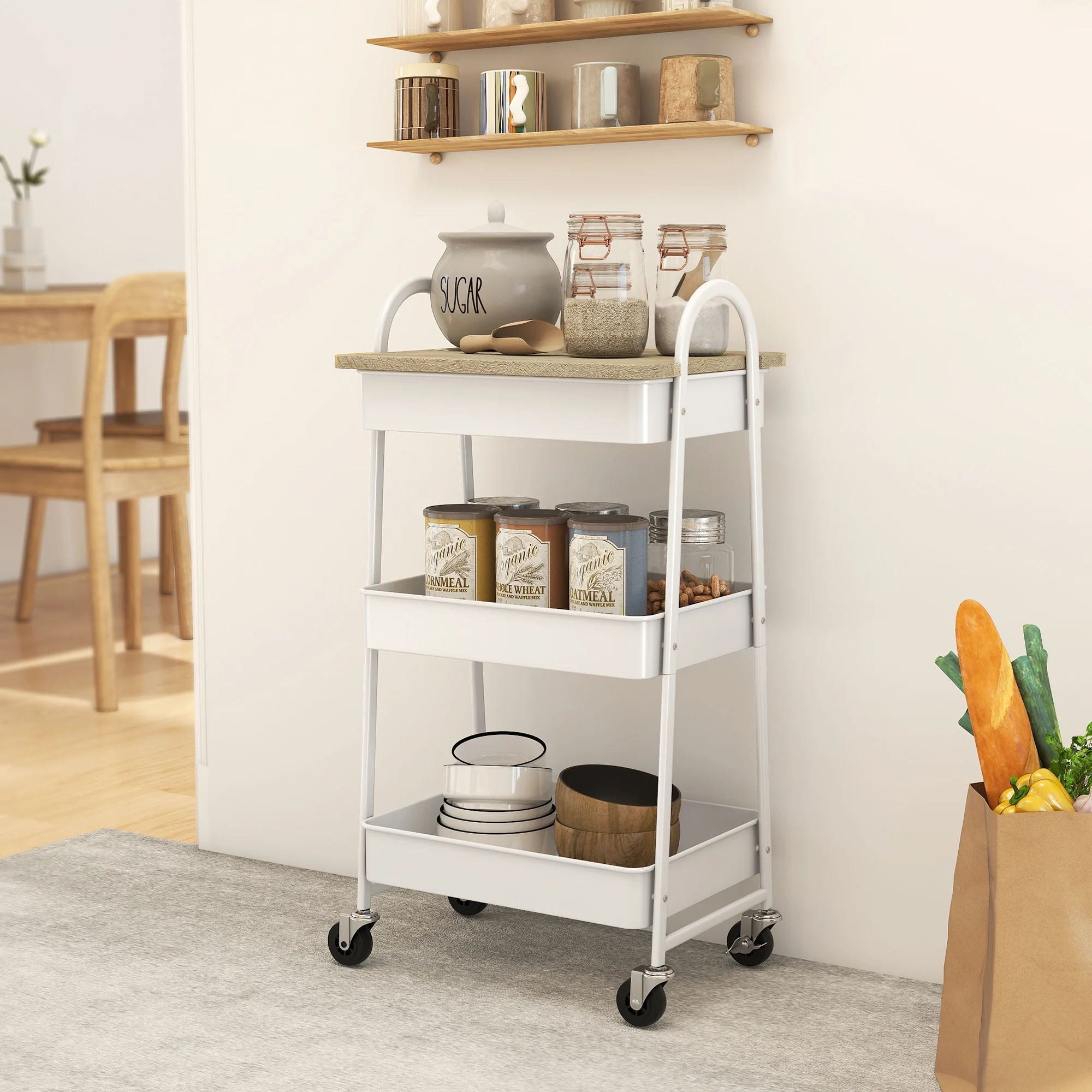 HOMCOM Rolling Utility Cart With Mesh Baskets For Kitchen White Oak - Image 2
