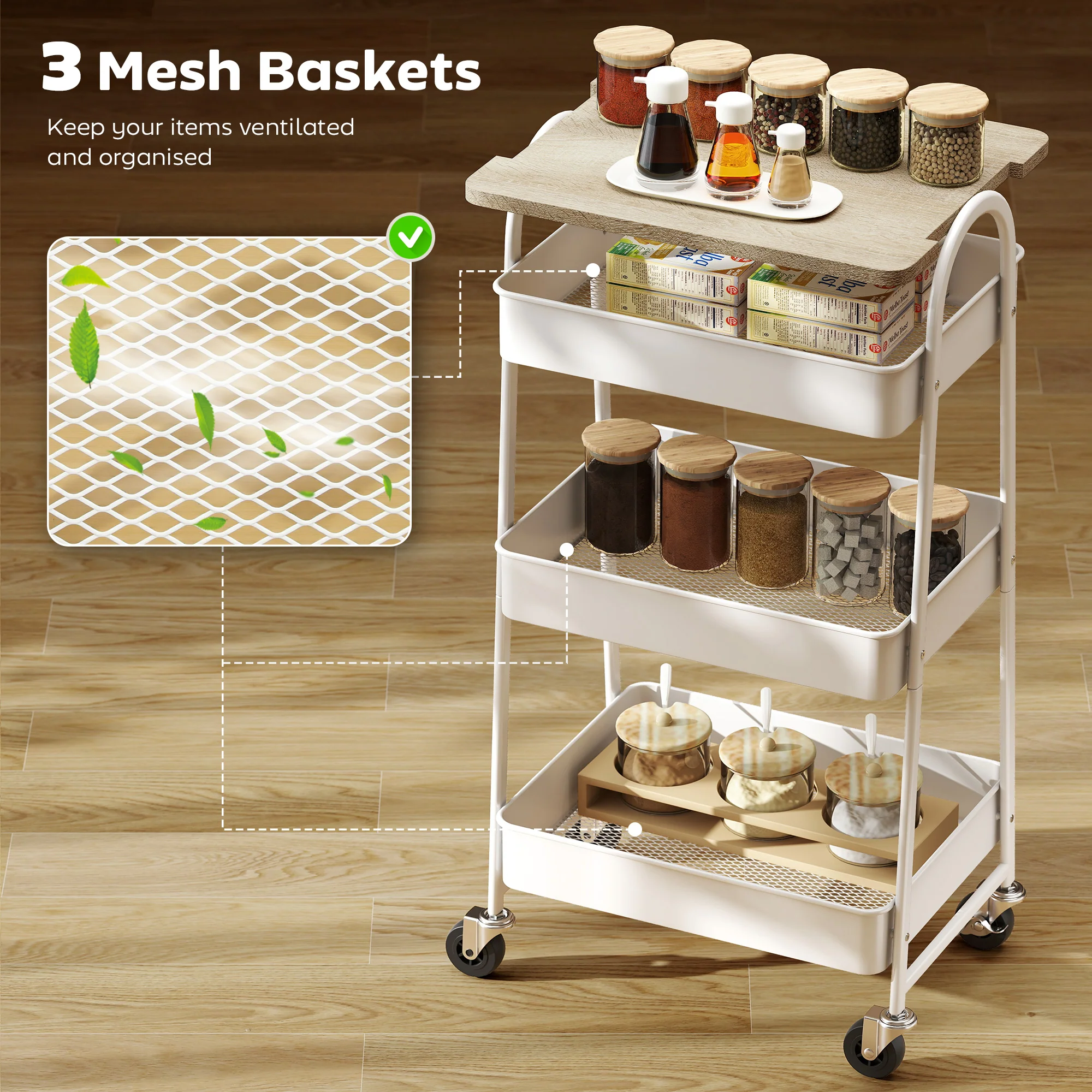 HOMCOM Rolling Utility Cart With Mesh Baskets For Kitchen White Oak - Image 4