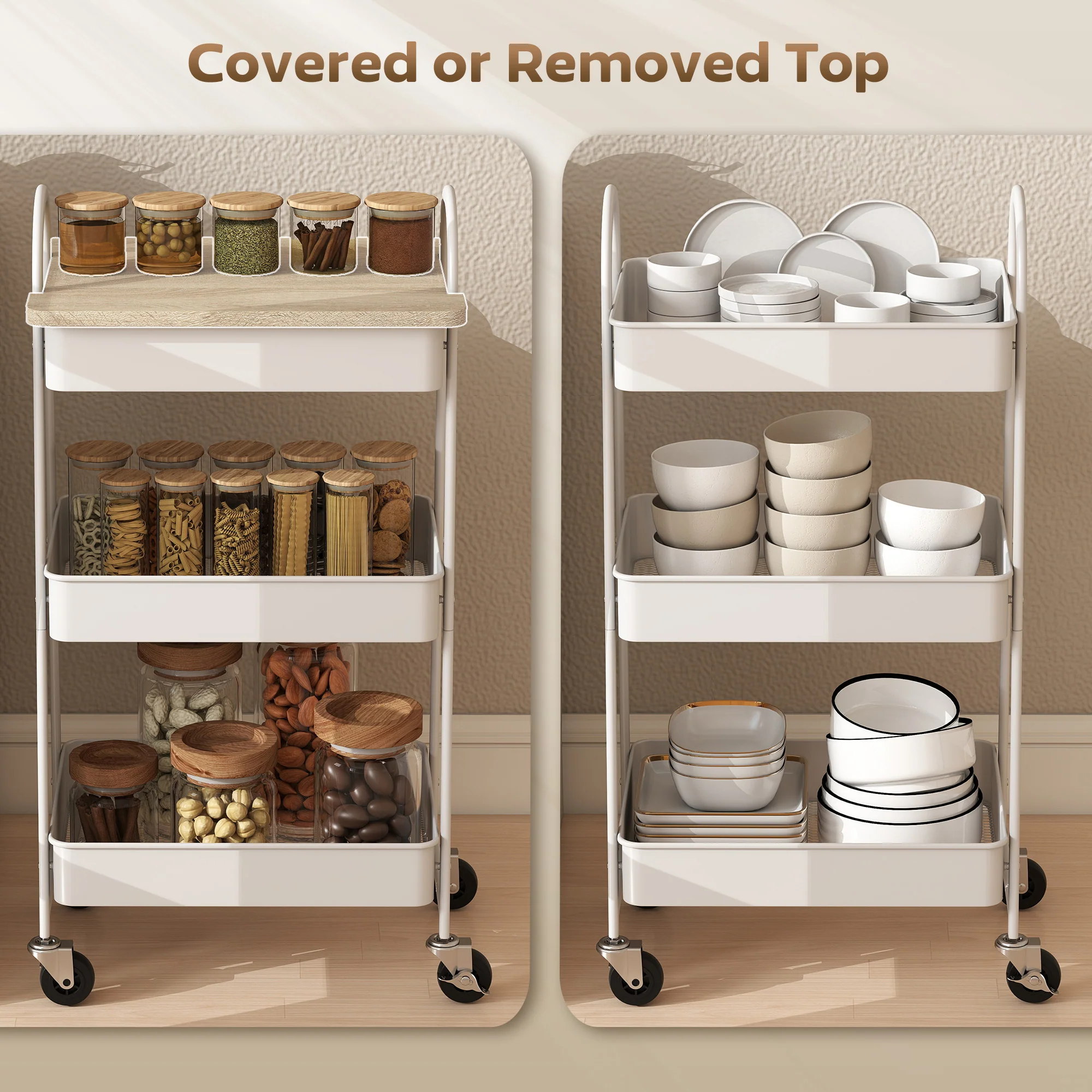 HOMCOM Rolling Utility Cart With Mesh Baskets For Kitchen White Oak - Image 5