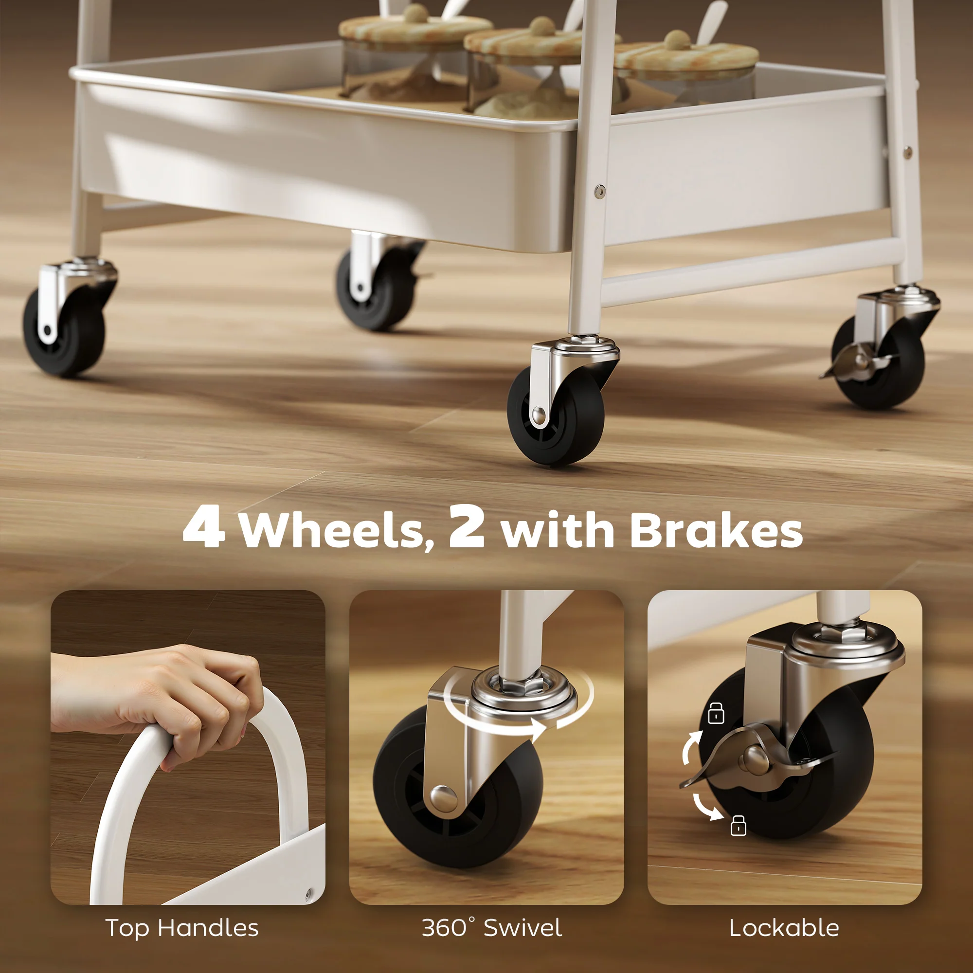 HOMCOM Rolling Utility Cart With Mesh Baskets For Kitchen White Oak - Image 6