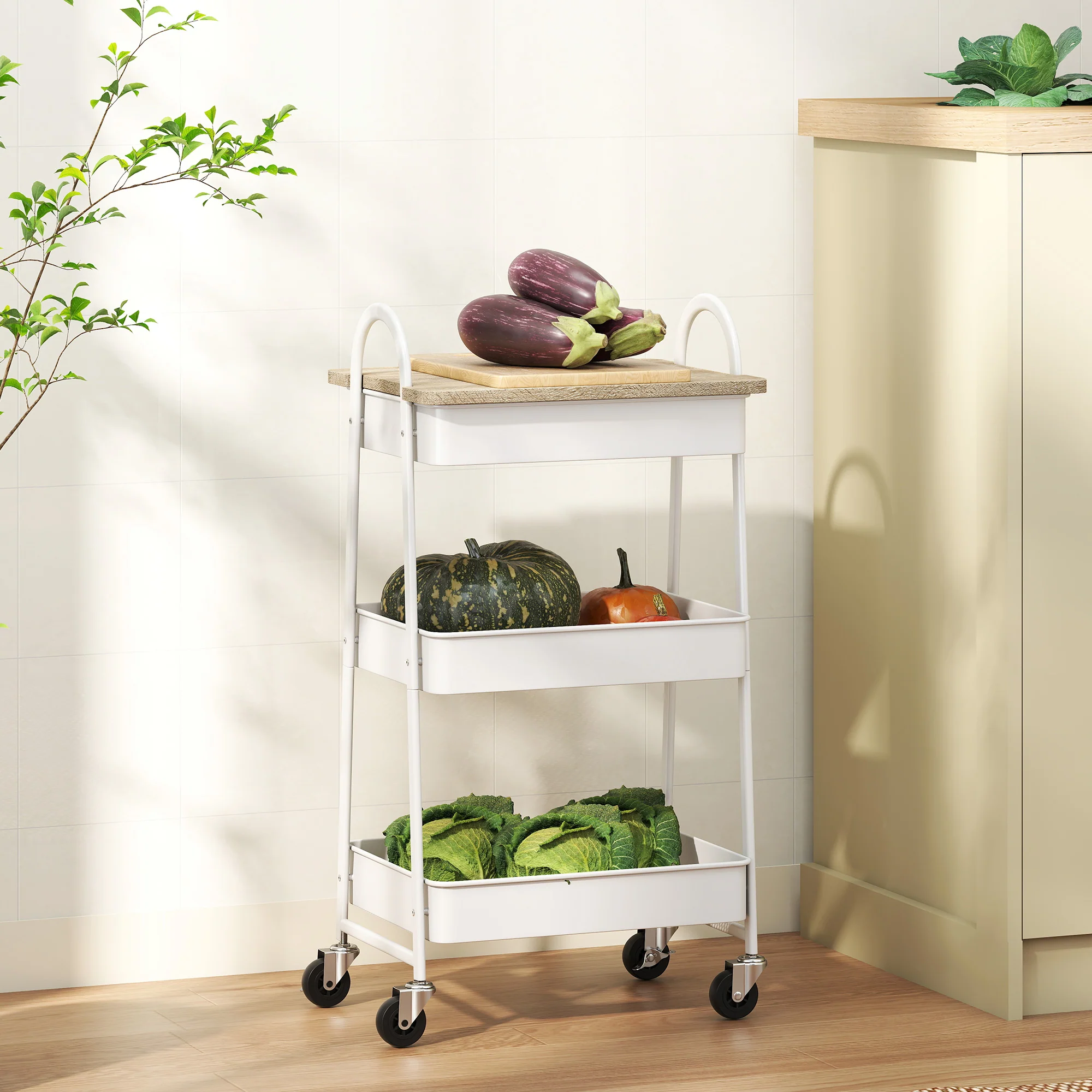 HOMCOM Rolling Utility Cart With Mesh Baskets For Kitchen White Oak - Image 7