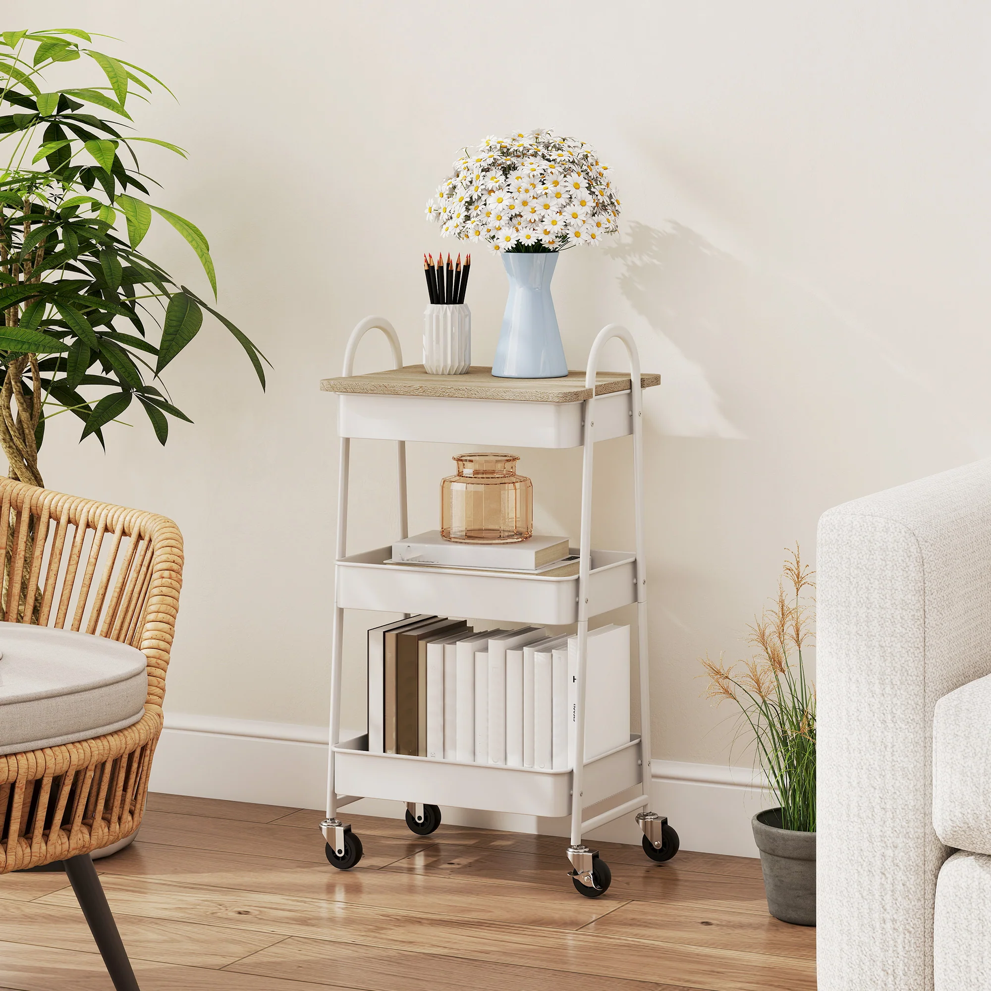 HOMCOM Rolling Utility Cart With Mesh Baskets For Kitchen White Oak - Image 8