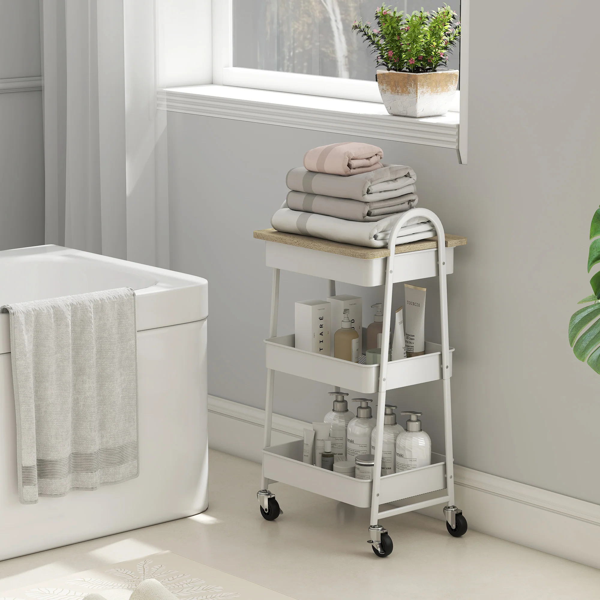 HOMCOM Rolling Utility Cart With Mesh Baskets For Kitchen White Oak - Image 9
