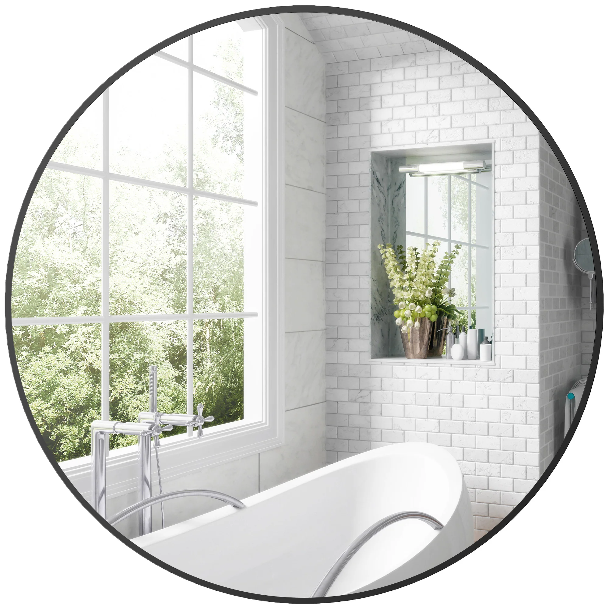 HOMCOM Round Bathroom Mirror, Modern Wall Mirror With Steel Frame, Black