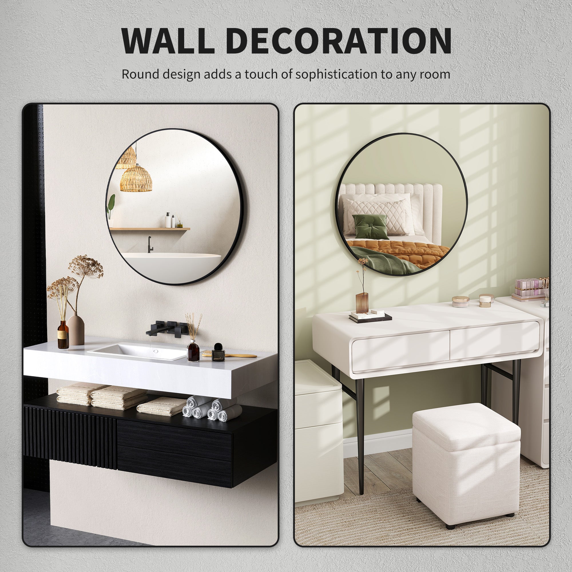 HOMCOM Round Bathroom Mirror, Modern Wall Mirror With Steel Frame, Black - Image 6
