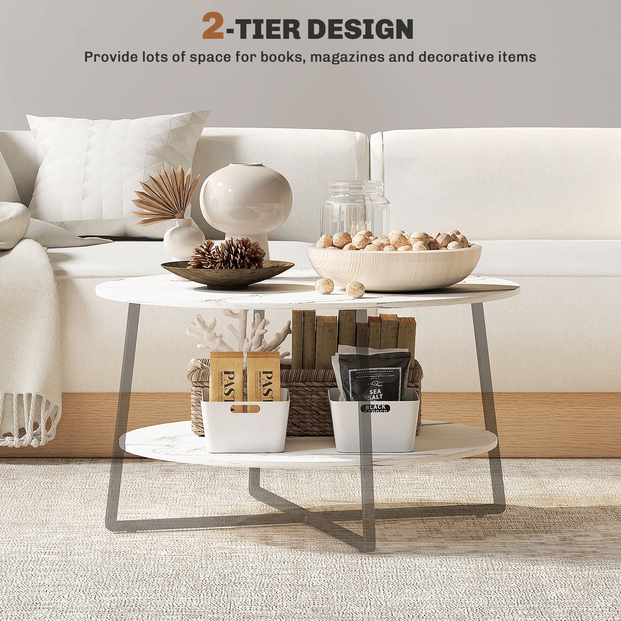 HOMCOM Round Coffee Table With Storage Shelf And Marble Effect Top, White - Image 3