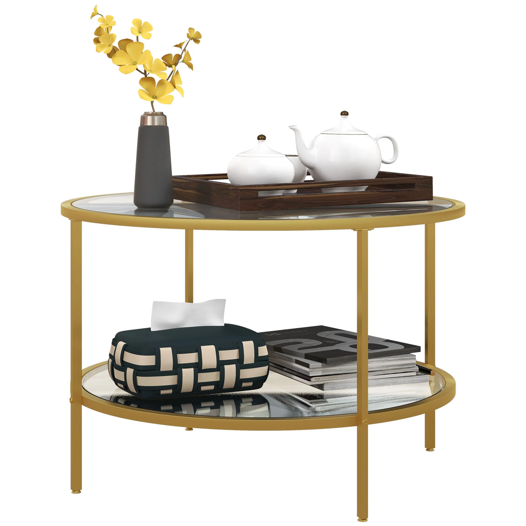HOMCOM Round Coffee Table With Storage Shelf And Tempered Glass Top, Gold Tone